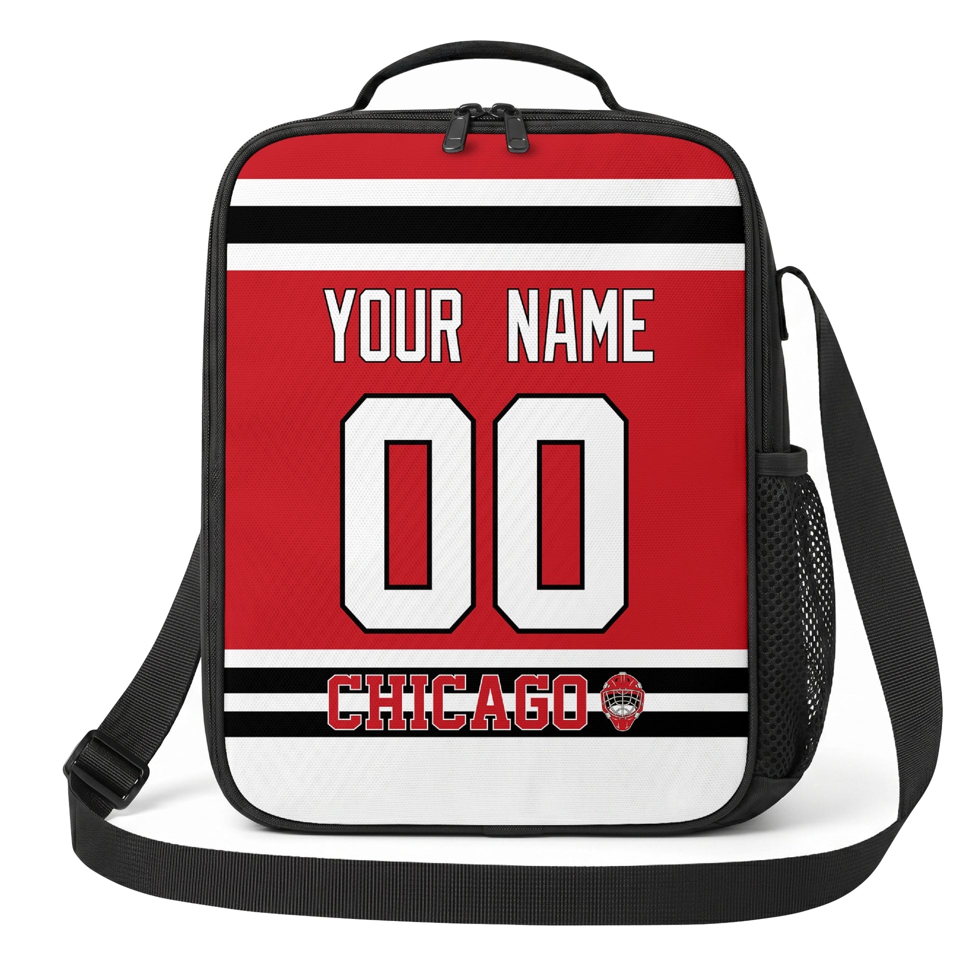 Chicago hockey shoulder bag front view in Red city-color style with custom name and number