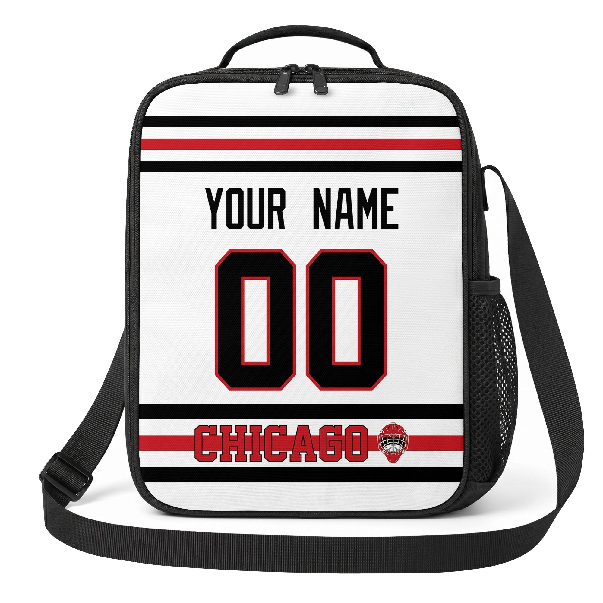 Chicago hockey shoulder bag front view in White city-color style with custom name and number