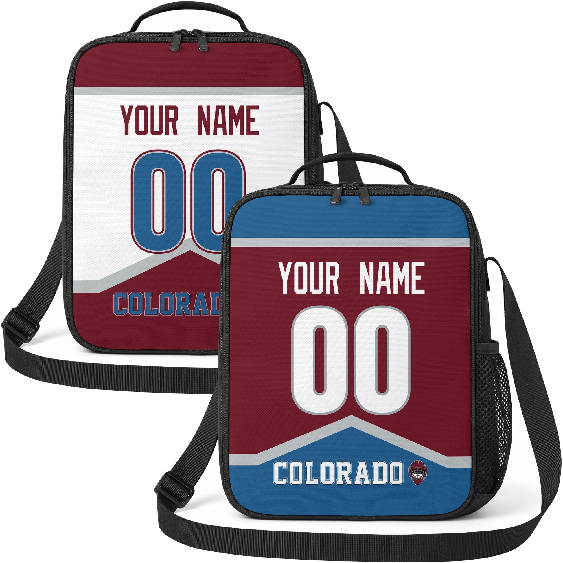 Personalized Colorado hockey shoulder bag showing both burgundy and white city-color styles