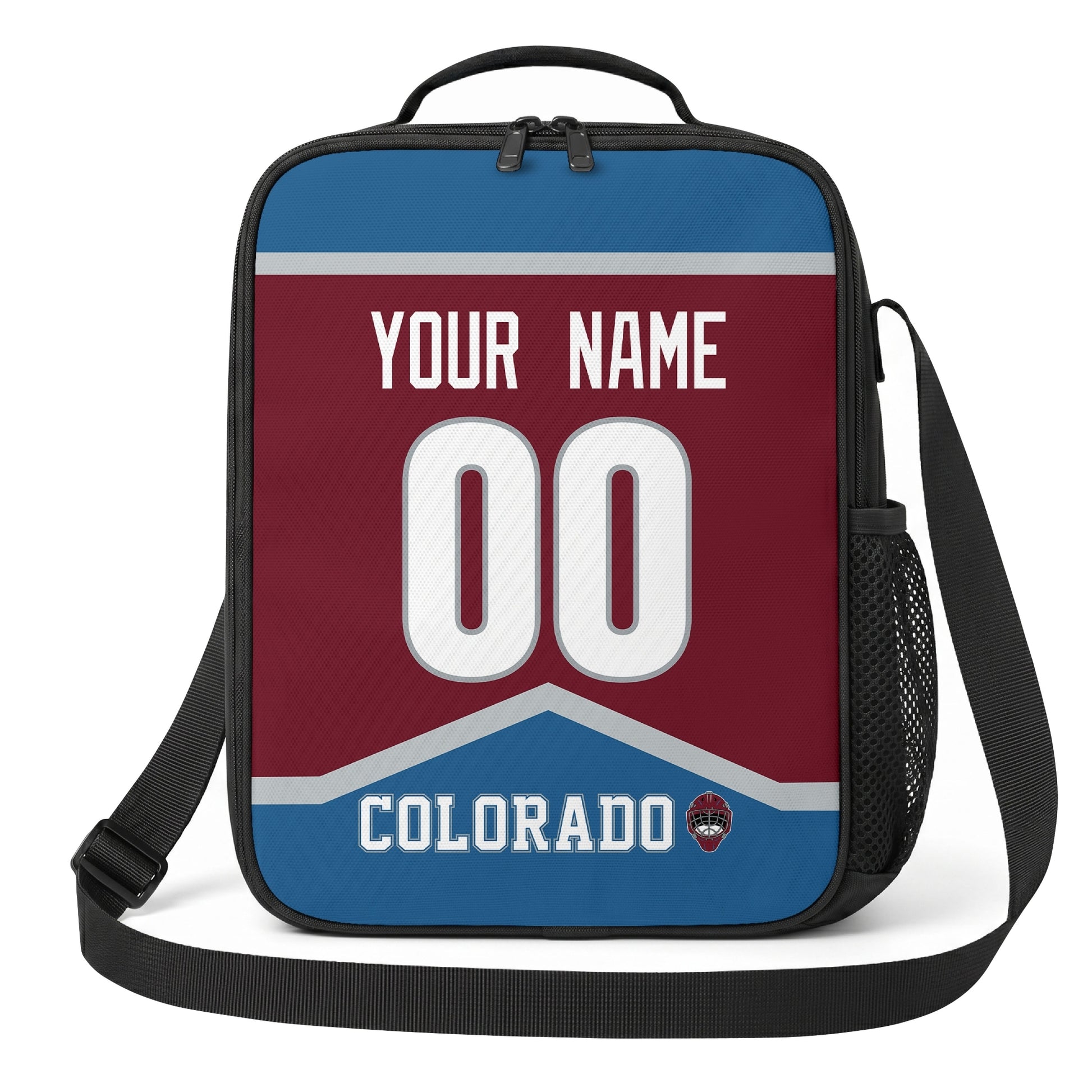 Colorado hockey shoulder bag front view in Burgundy city-color style with custom name and number
