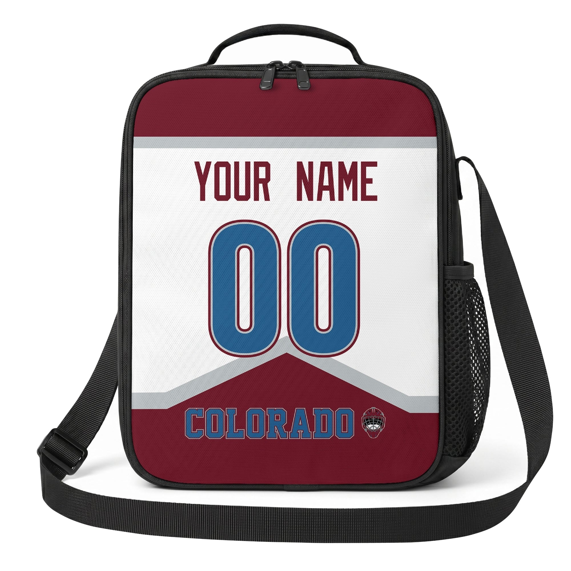 Colorado hockey shoulder bag front view in White city-color style with custom name and number