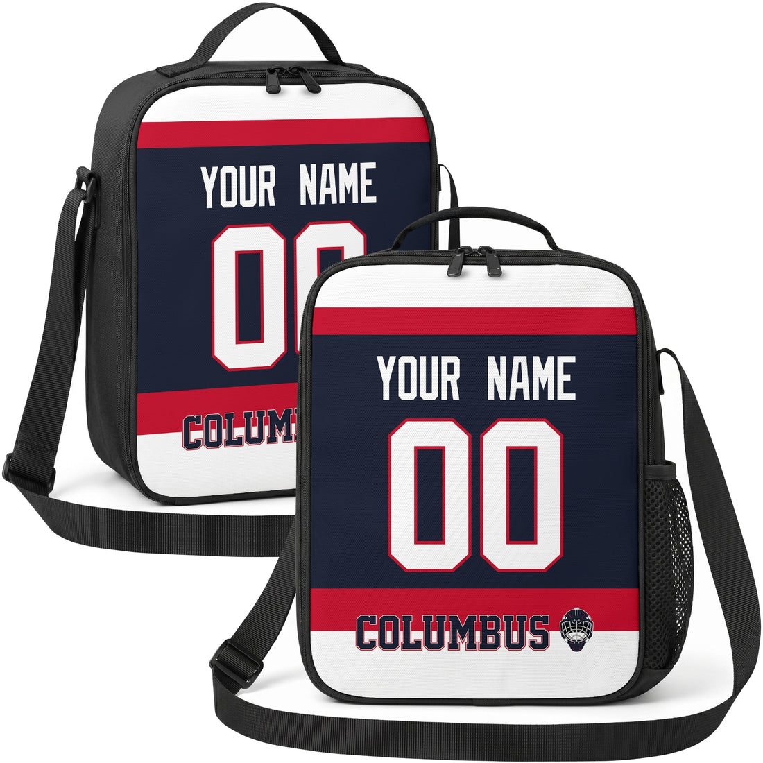Personalized Columbus hockey shoulder bag showing both navy and white city-color styles