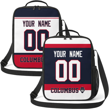 Personalized Columbus hockey shoulder bag showing both navy and white city-color styles