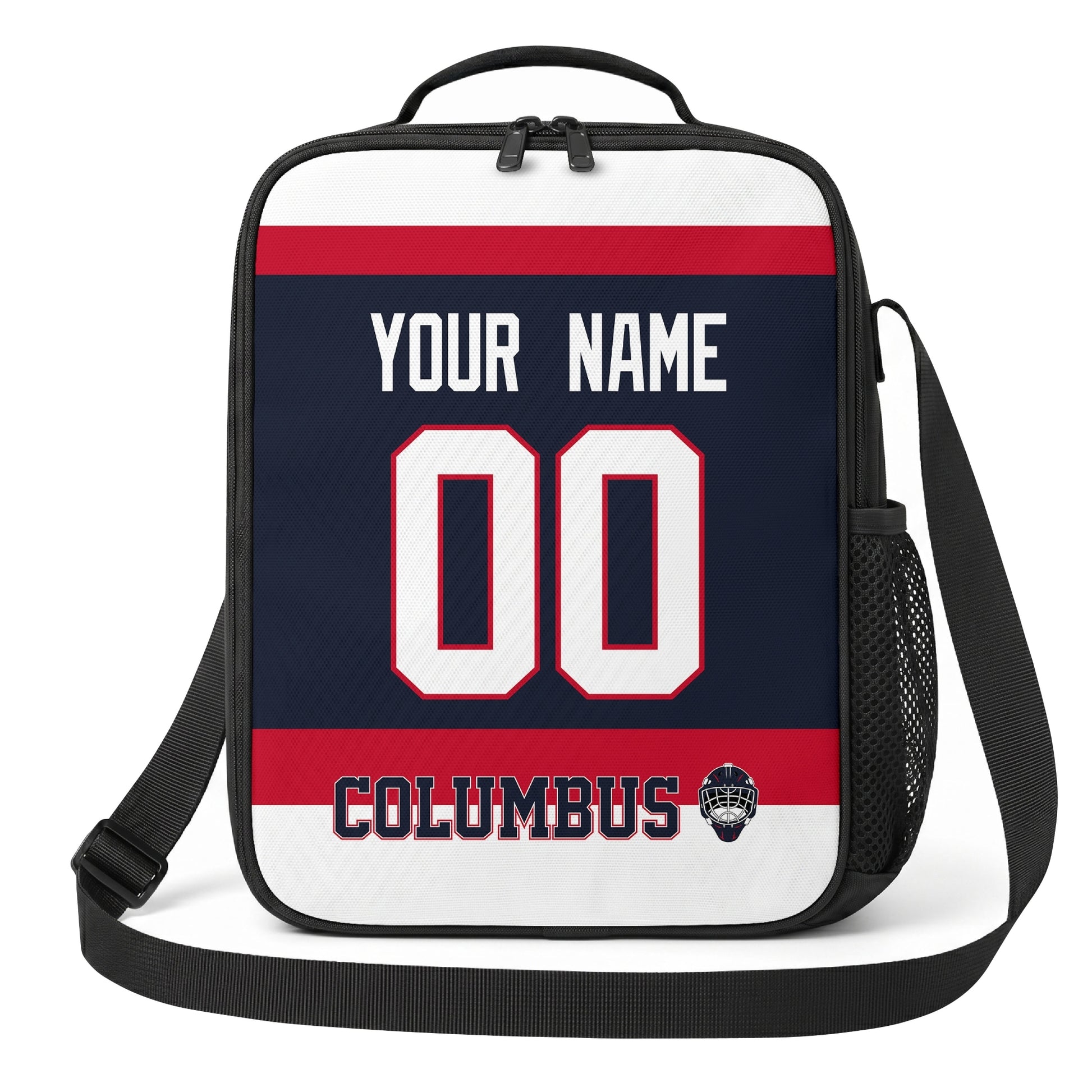 Columbus hockey shoulder bag front view in Navy city-color style with custom name and number