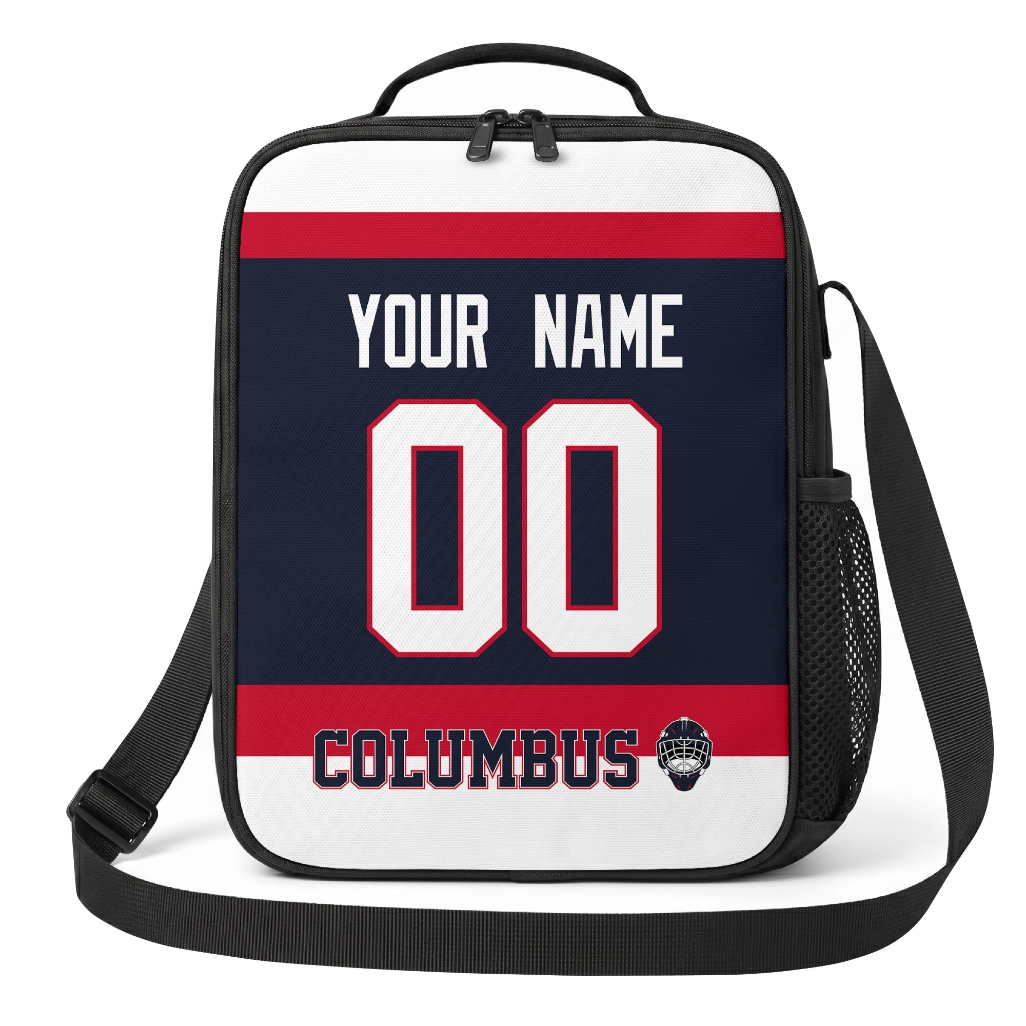 Columbus hockey shoulder bag front view in Navy city-color style with custom name and number