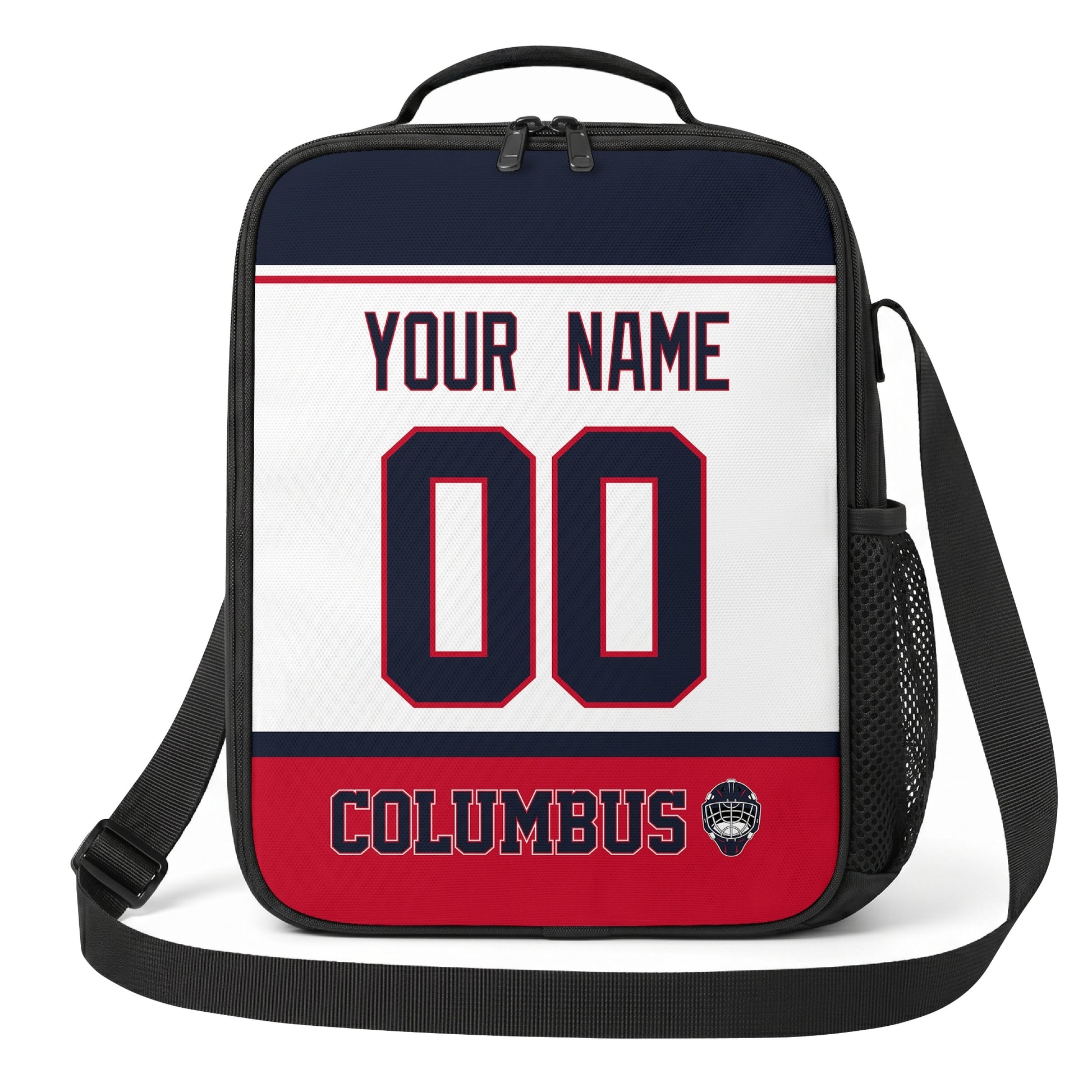 Columbus hockey shoulder bag front view in White city-color style with custom name and number