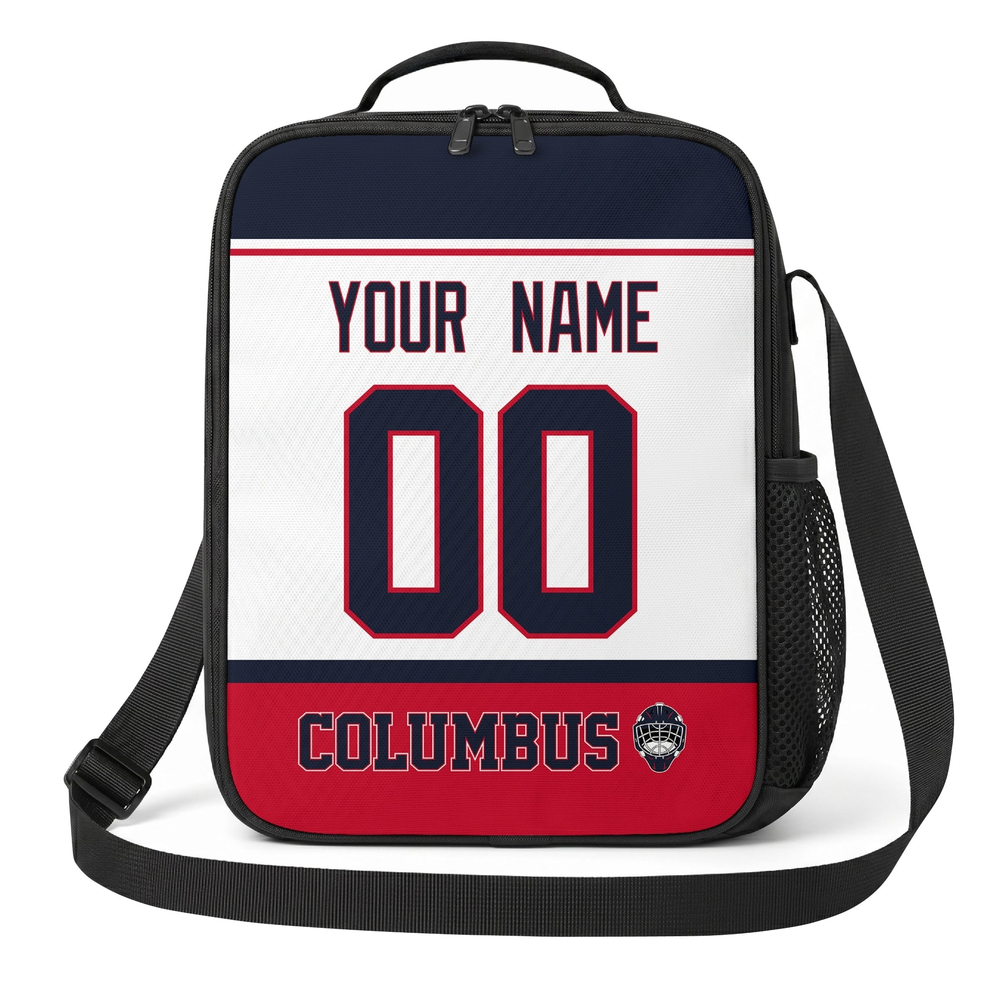 Columbus hockey shoulder bag front view in White city-color style with custom name and number