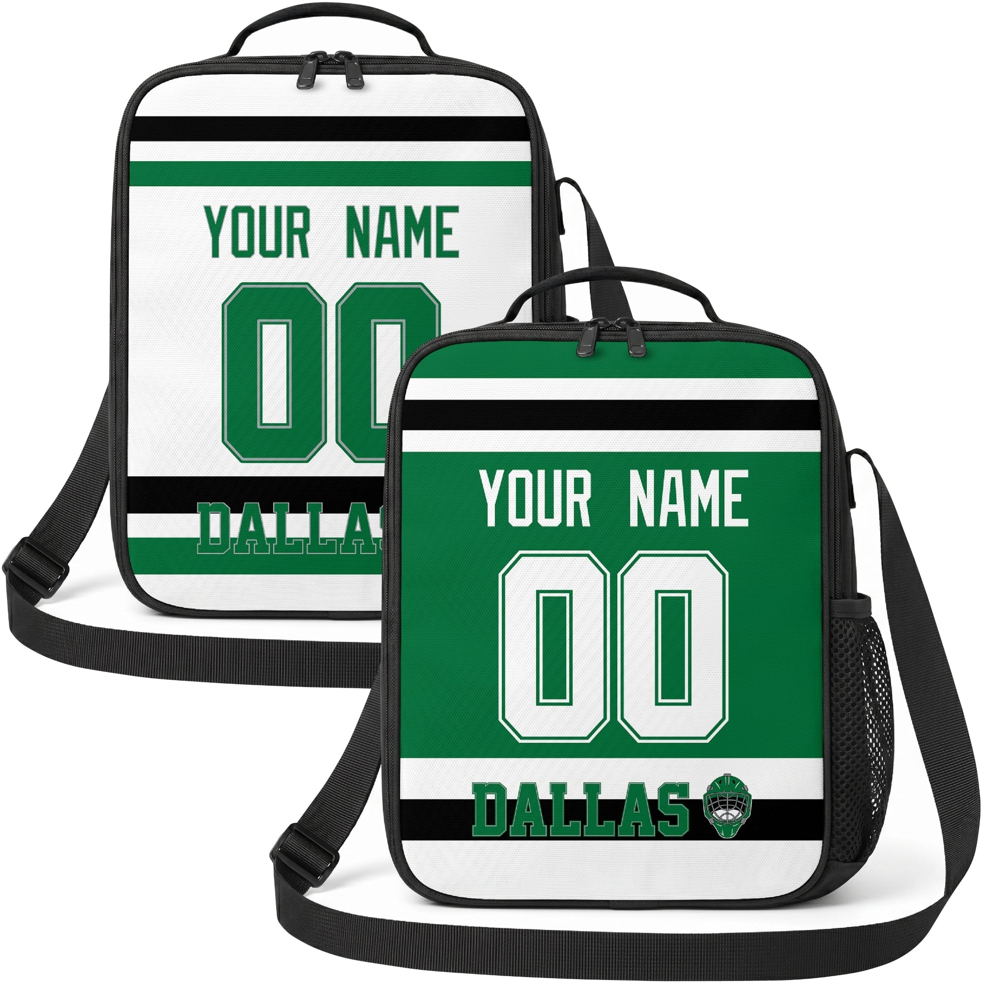 Personalized Dallas hockey shoulder bag showing both green and white city-color styles
