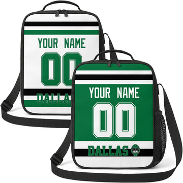 Personalized Dallas hockey shoulder bag showing both green and white city-color styles
