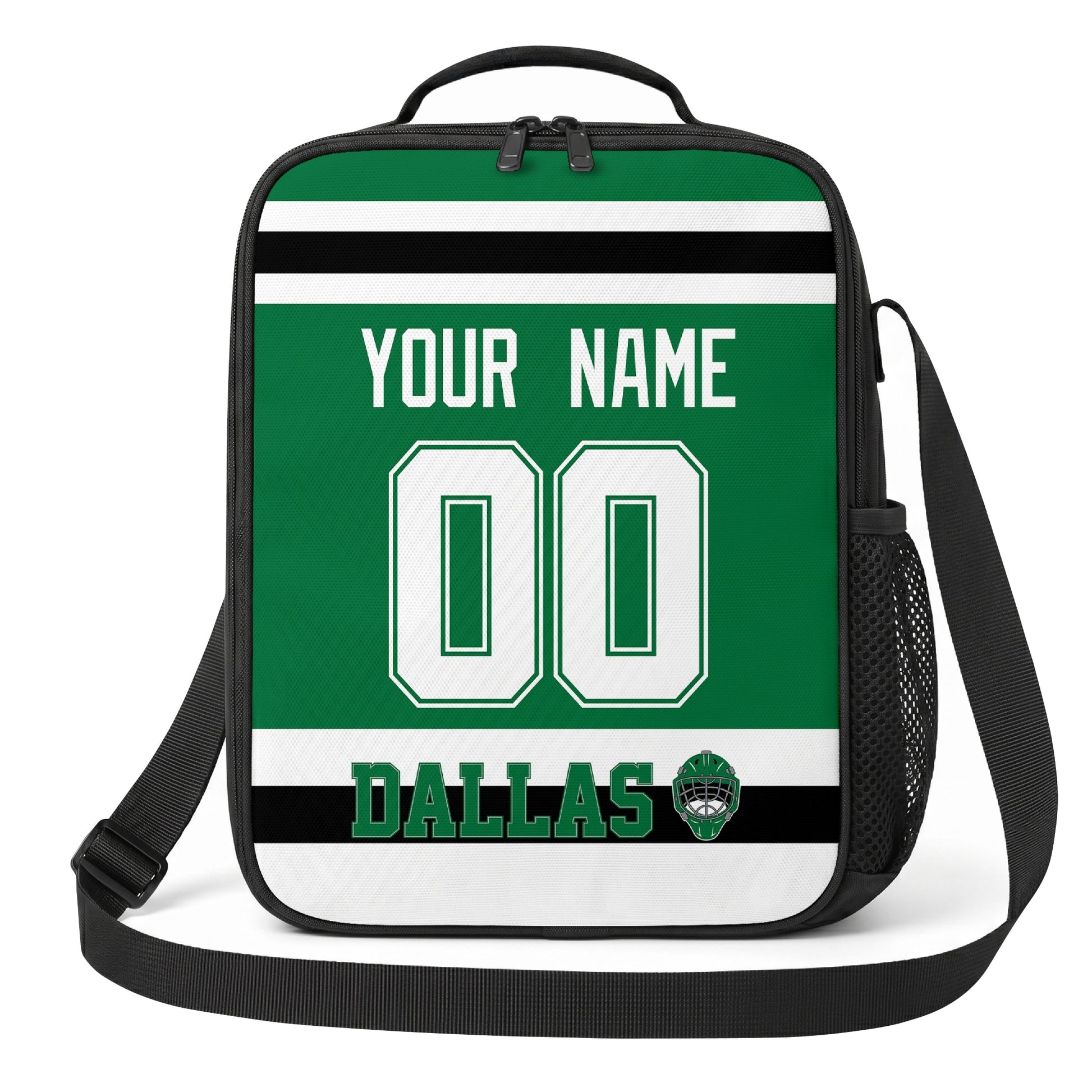 Dallas hockey shoulder bag front view in Green city-color style with custom name and number