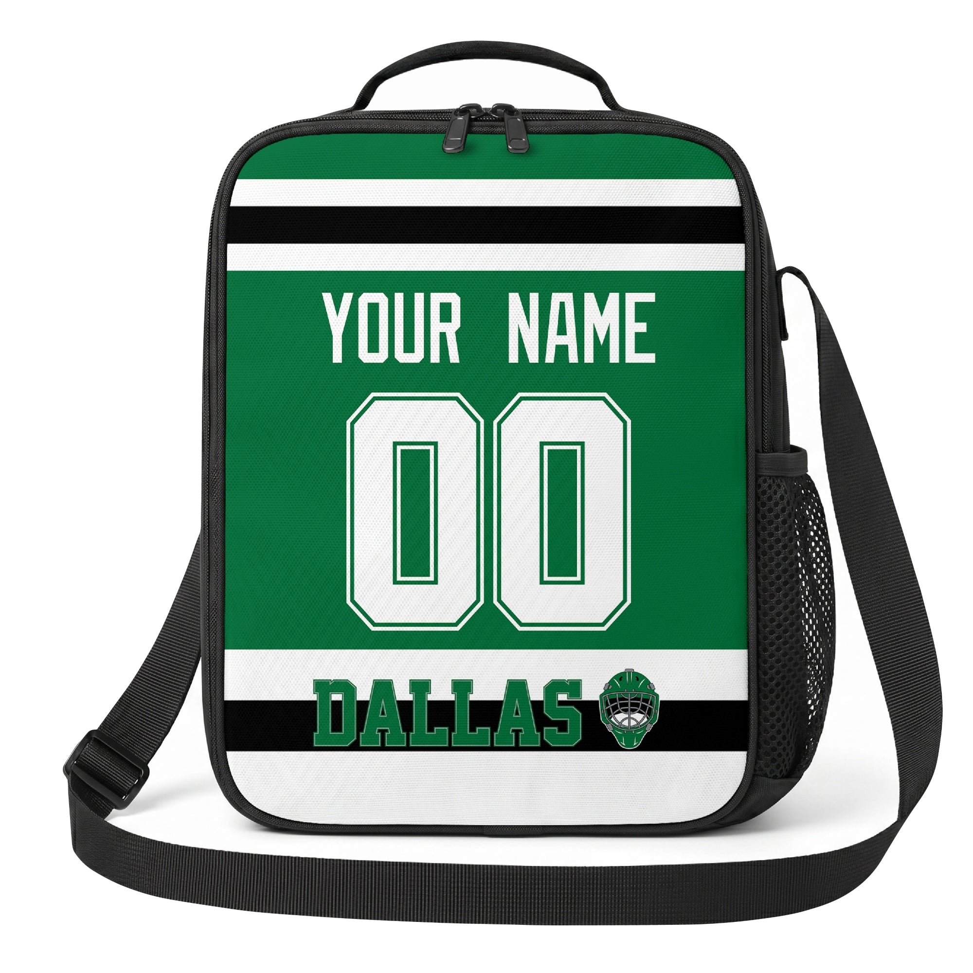 Dallas hockey shoulder bag front view in Green city-color style with custom name and number