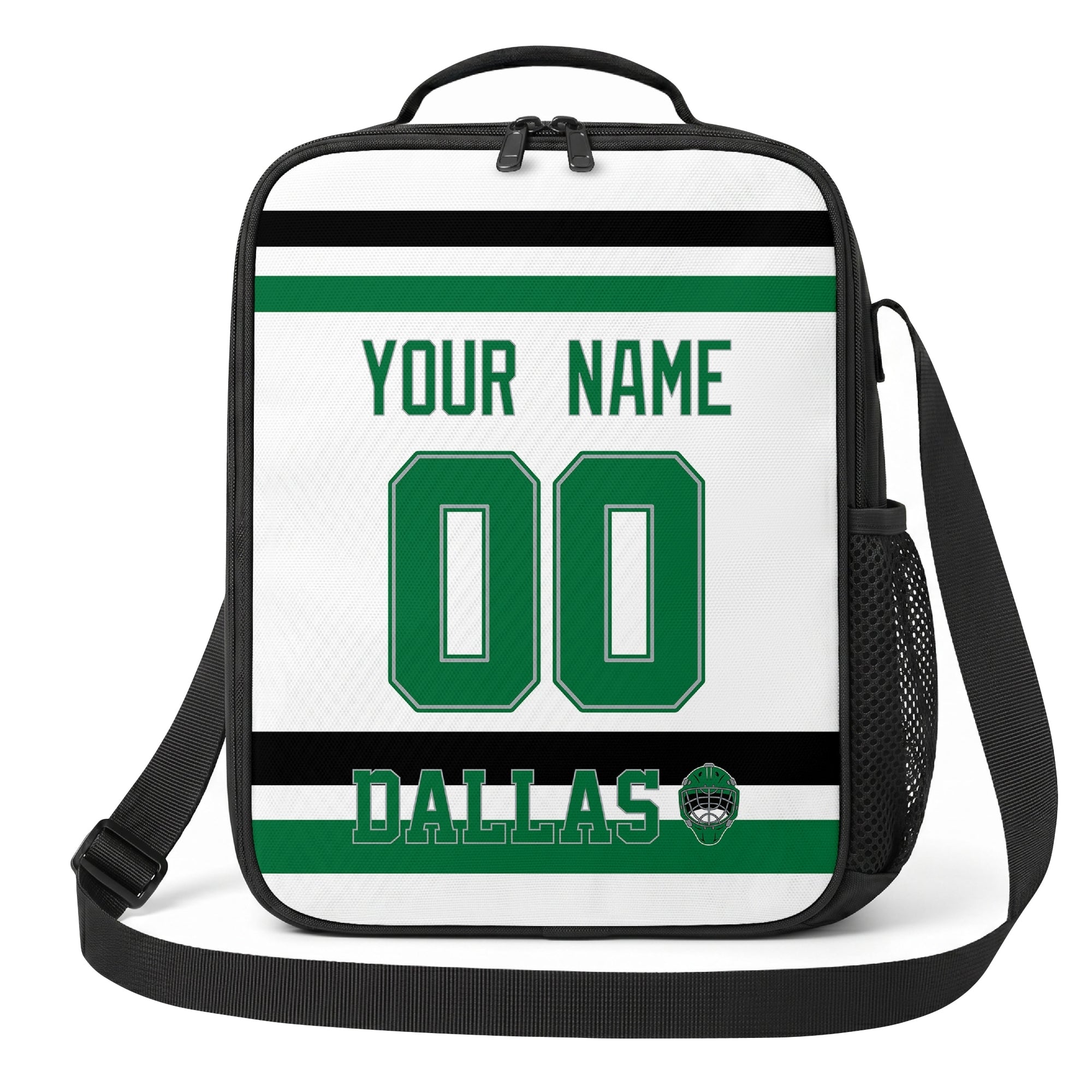 Dallas hockey shoulder bag front view in White city-color style with custom name and number