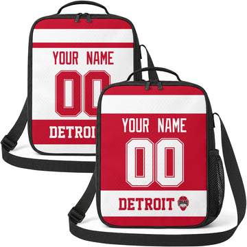 Personalized Detroit hockey shoulder bag showing both red and white city-color styles