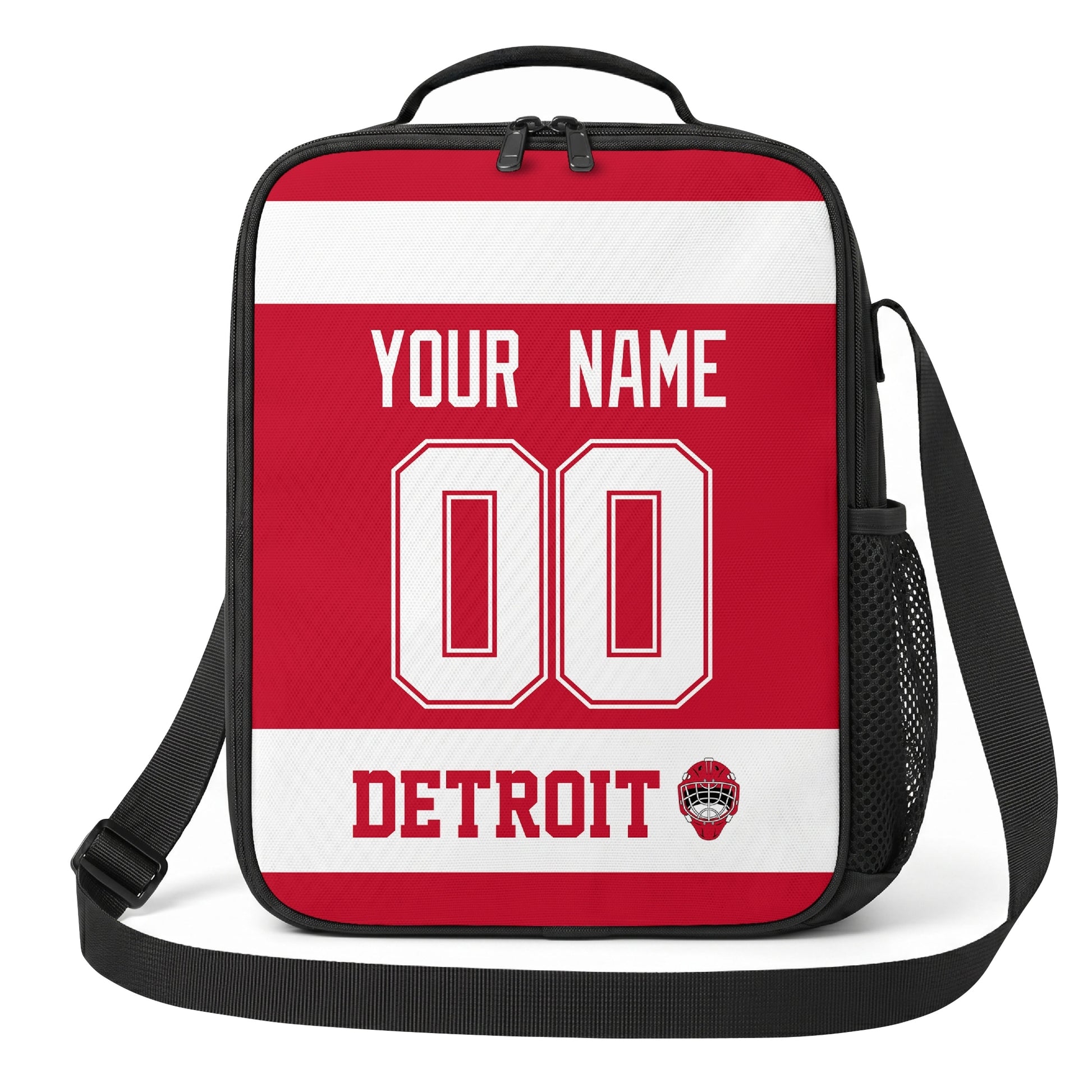 Detroit hockey shoulder bag front view in Red city-color style with custom name and number