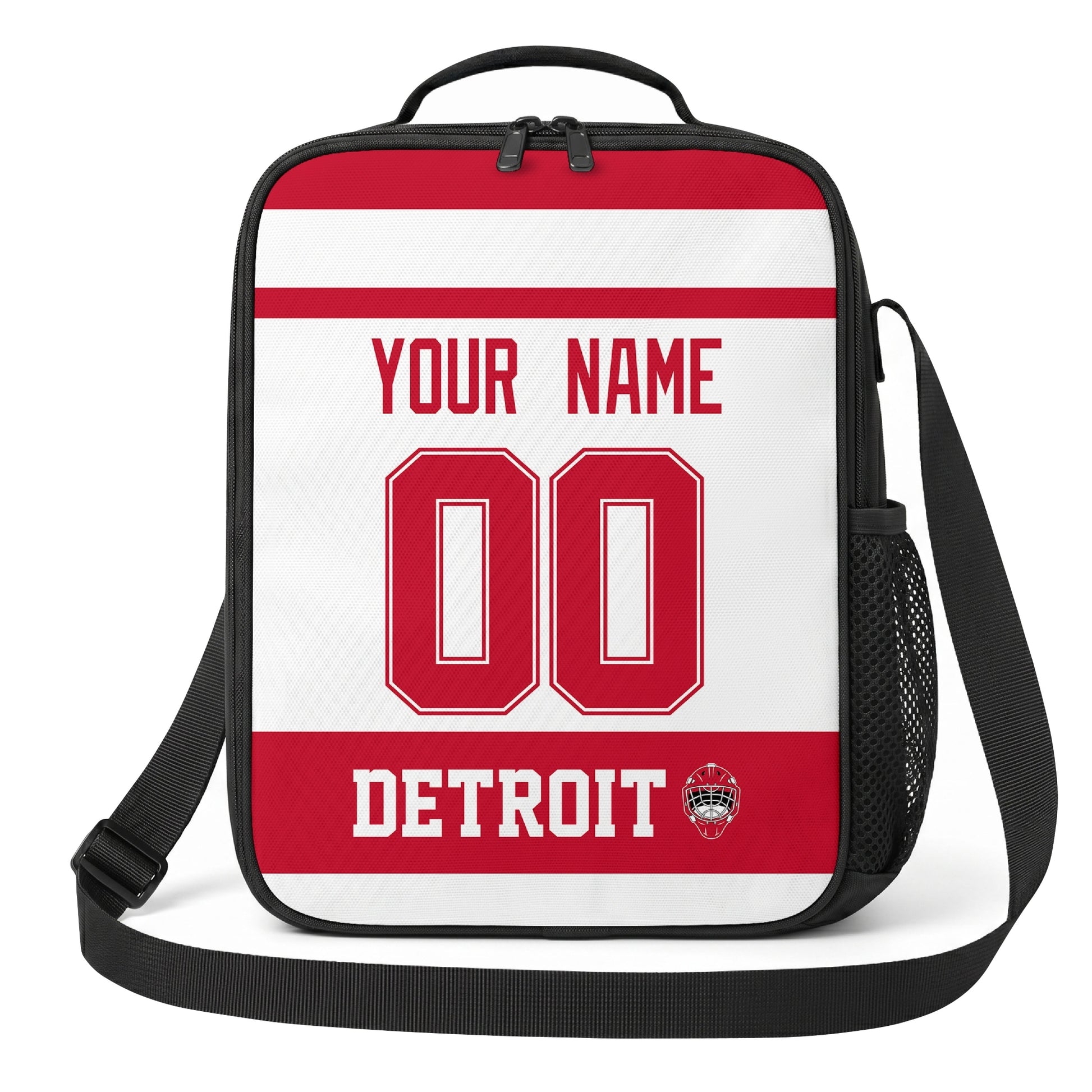 Detroit hockey shoulder bag front view in White city-color style with custom name and number