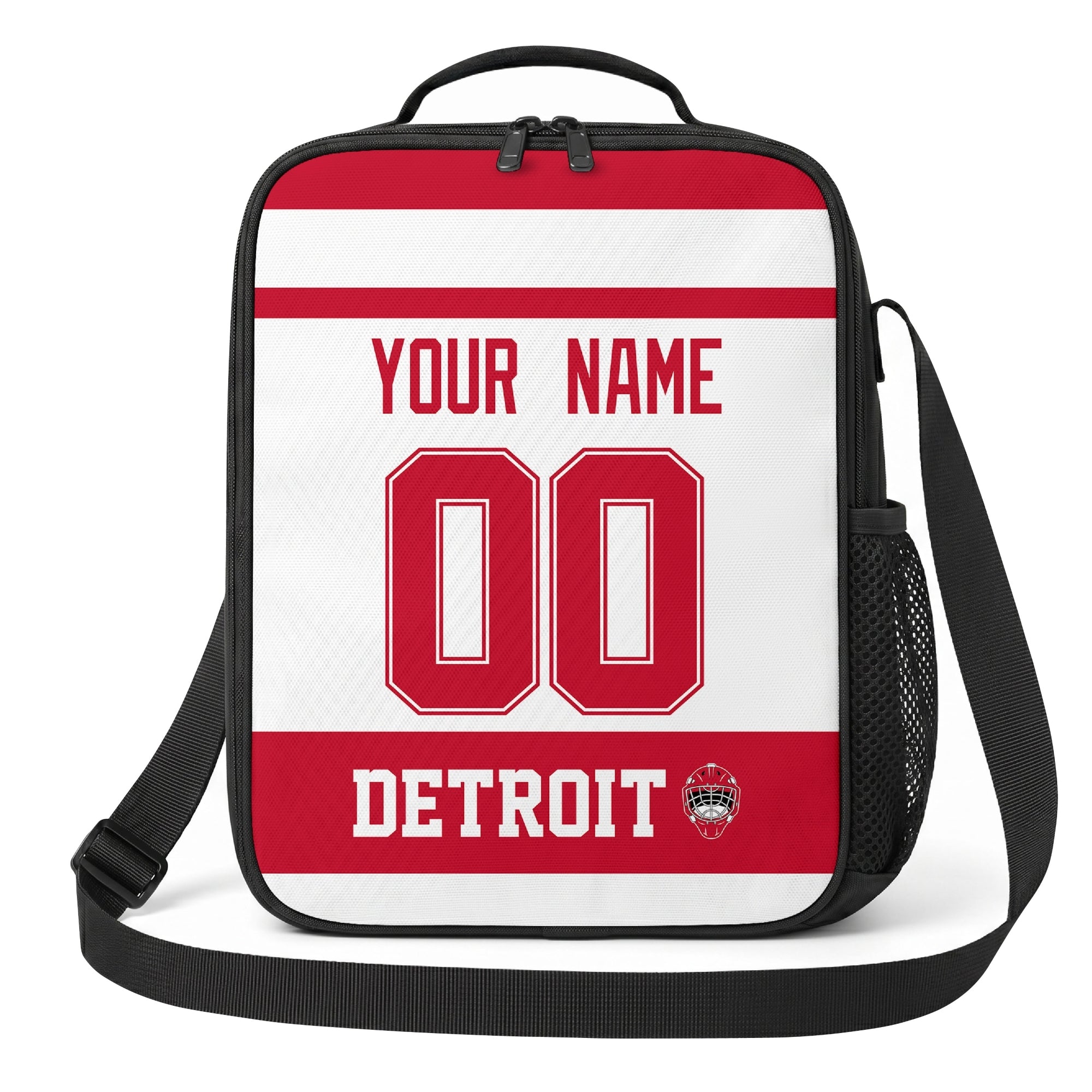 Detroit hockey shoulder bag front view in White city-color style with custom name and number