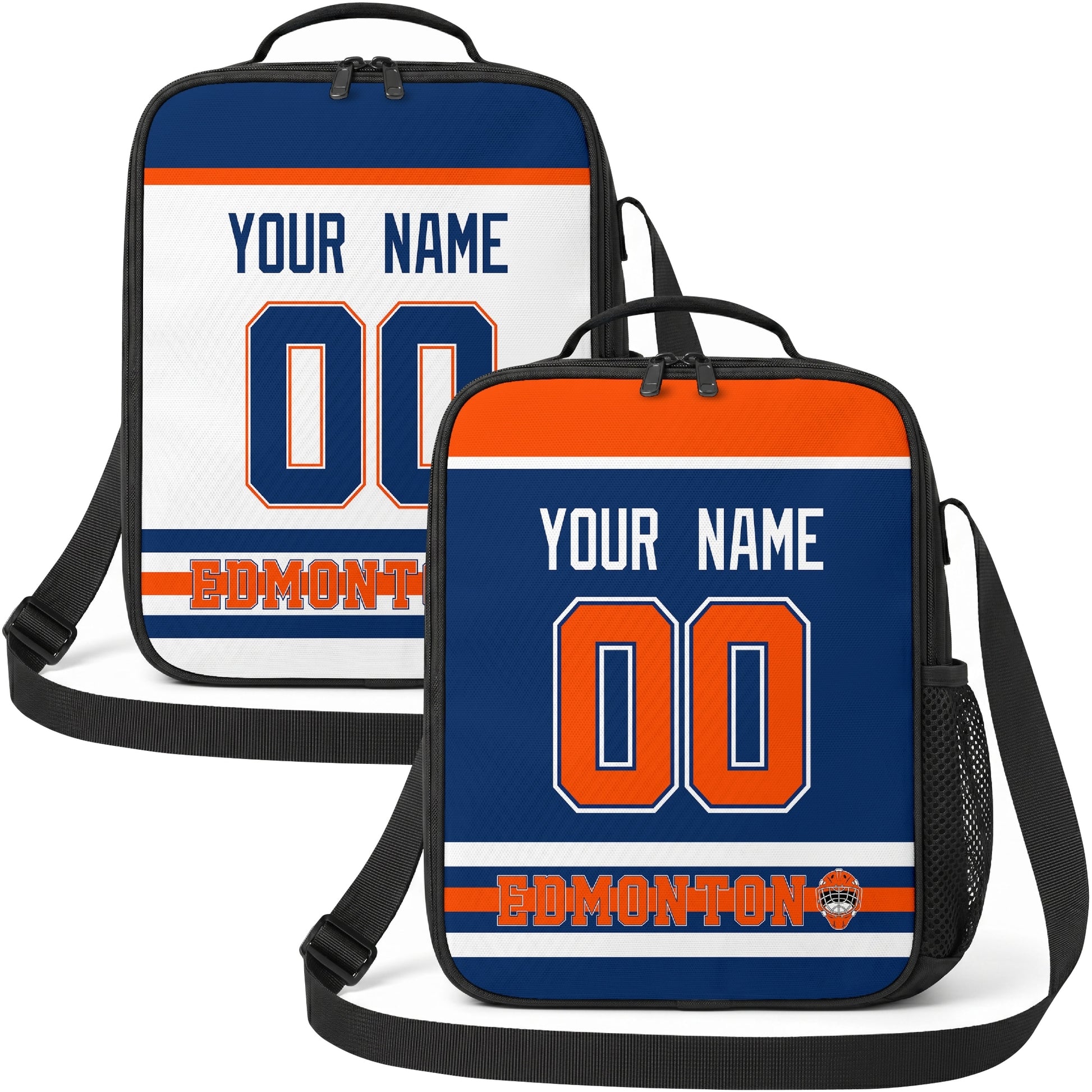 Personalized Edmonton hockey shoulder bag showing both royal and white city-color styles