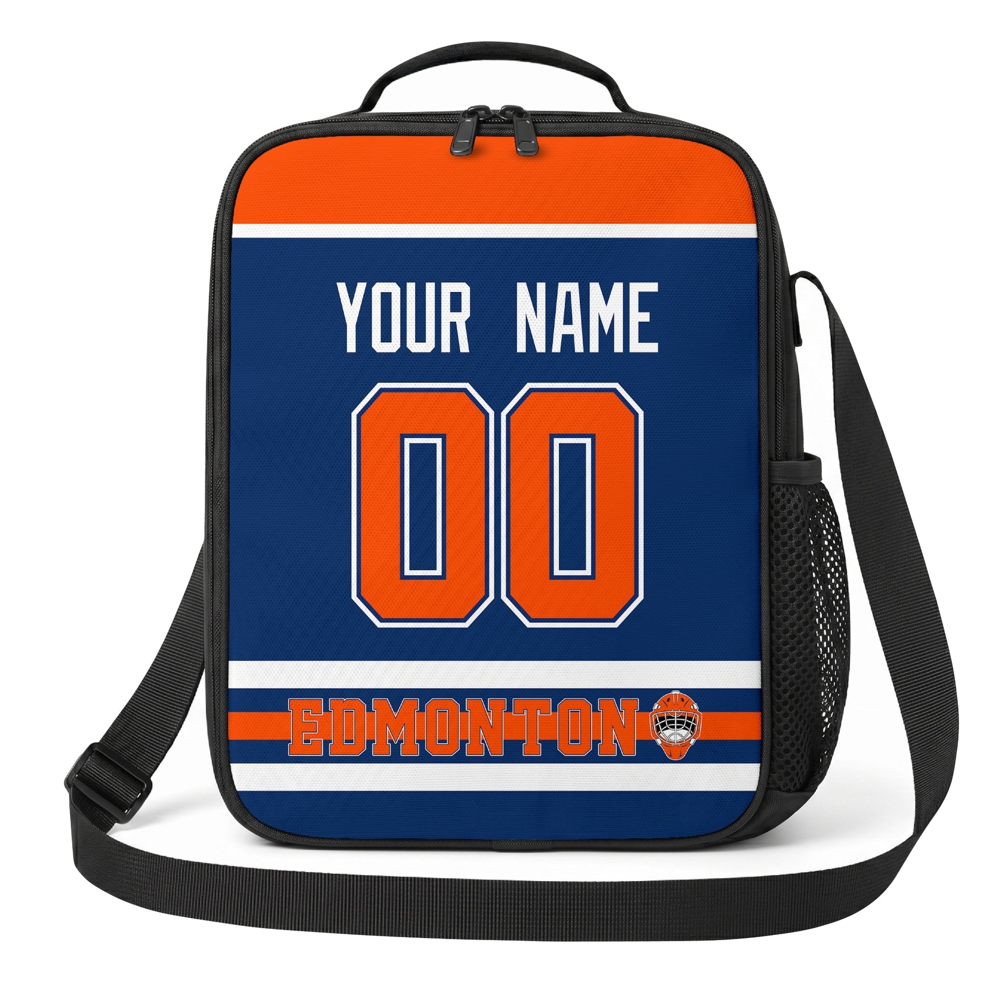 Edmonton hockey shoulder bag front view in Royal city-color style with custom name and number
