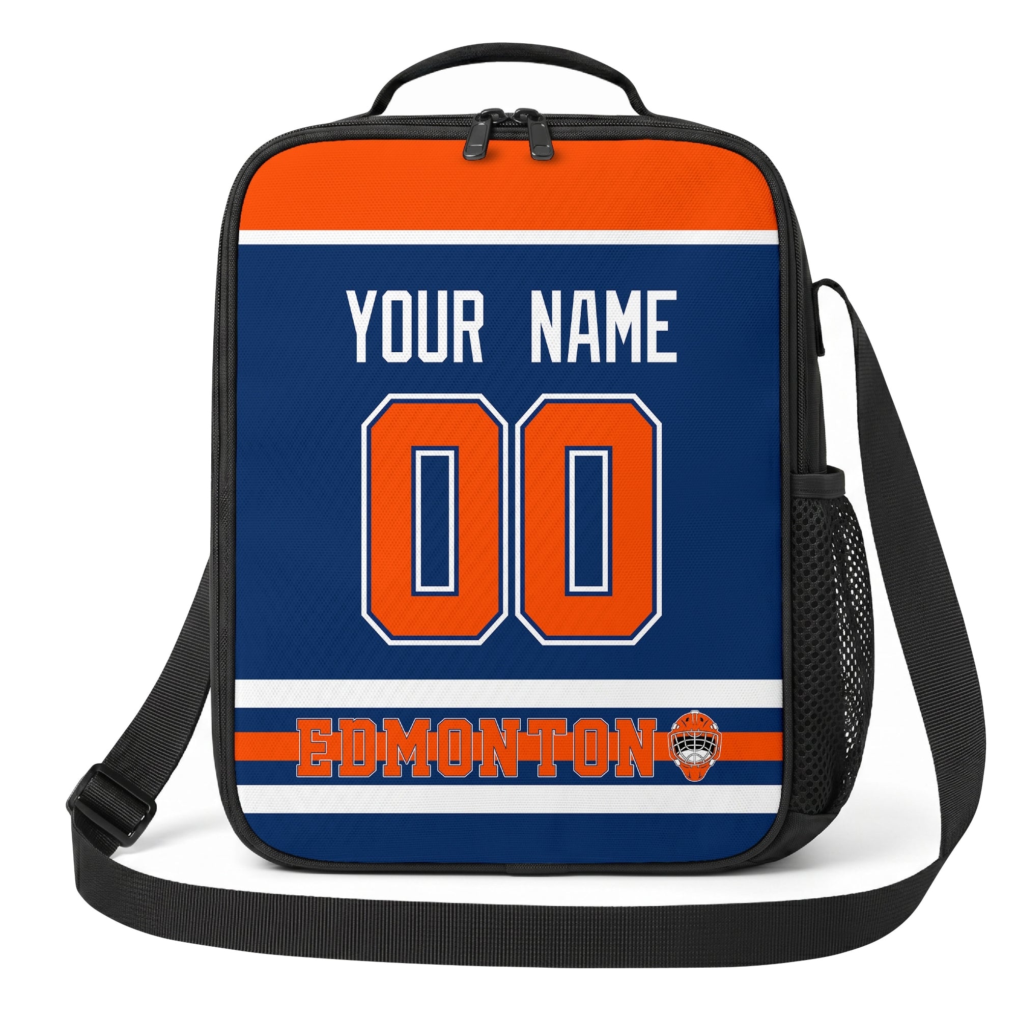 Edmonton hockey shoulder bag front view in Royal city-color style with custom name and number