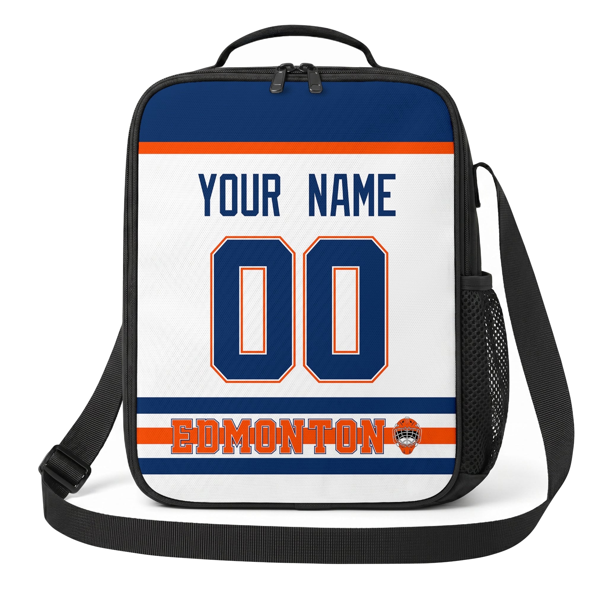 Edmonton hockey shoulder bag front view in White city-color style with custom name and number