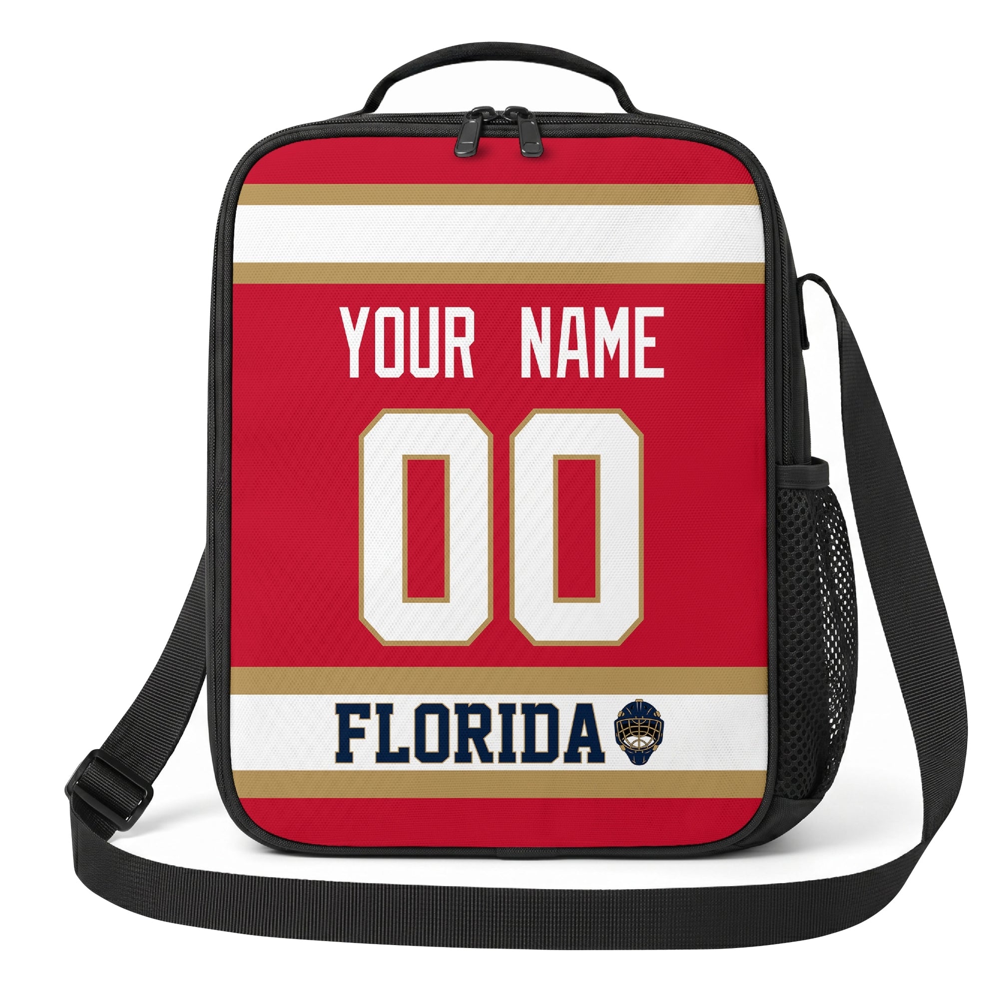 Florida hockey shoulder bag front view in Red city-color style with custom name and number