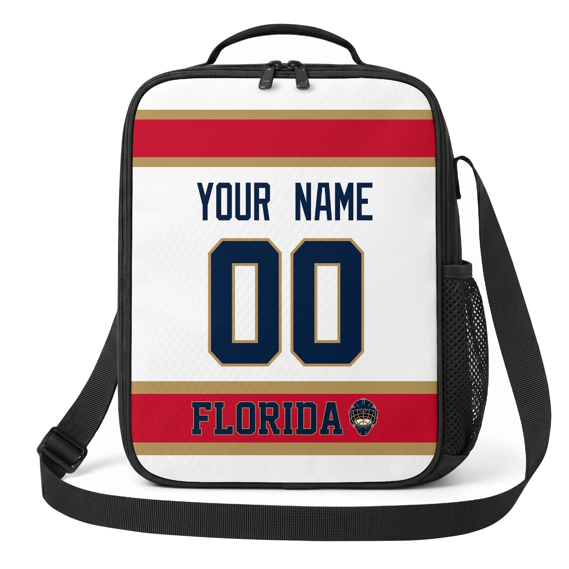 Florida hockey shoulder bag front view in White city-color style with custom name and number