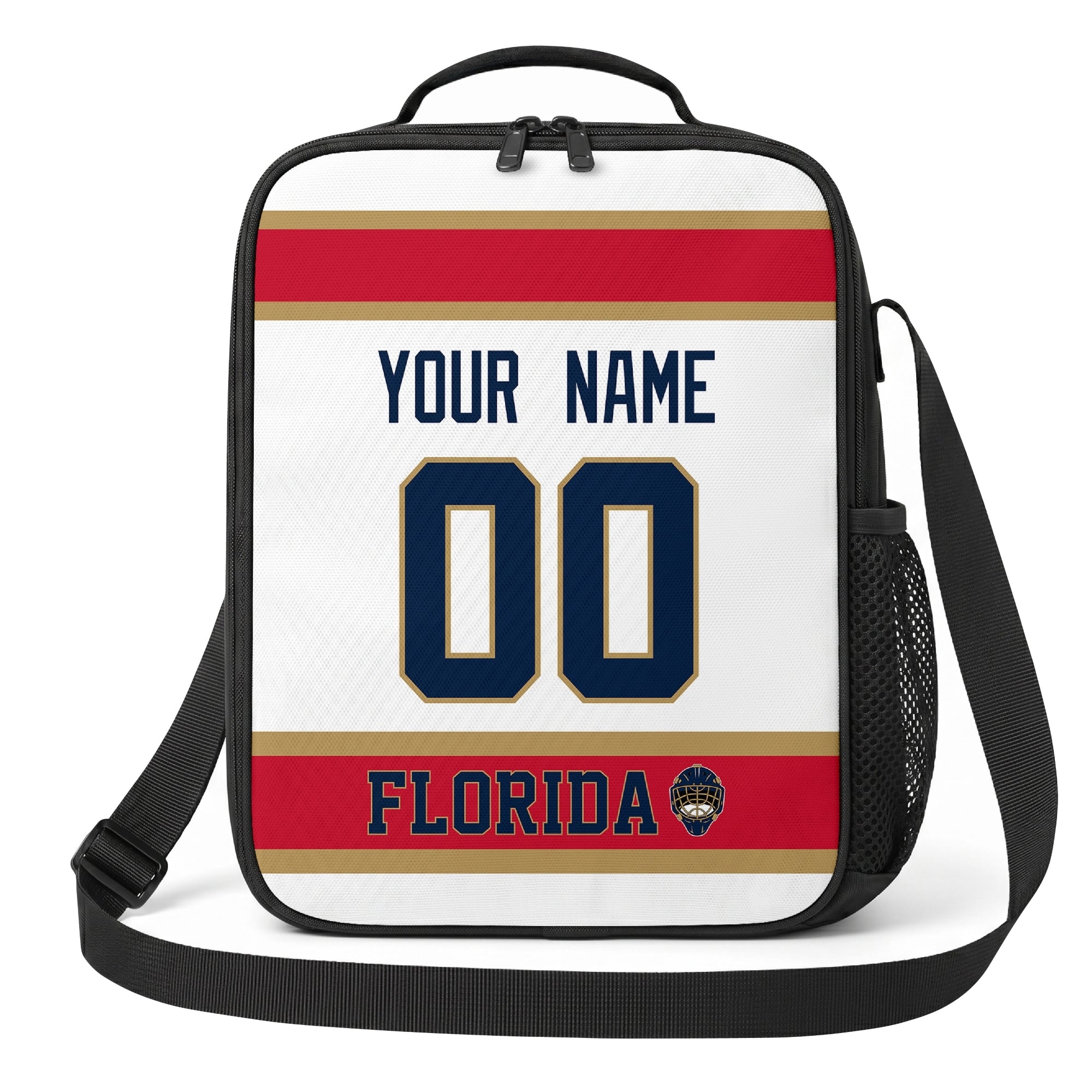 Florida hockey shoulder bag front view in White city-color style with custom name and number