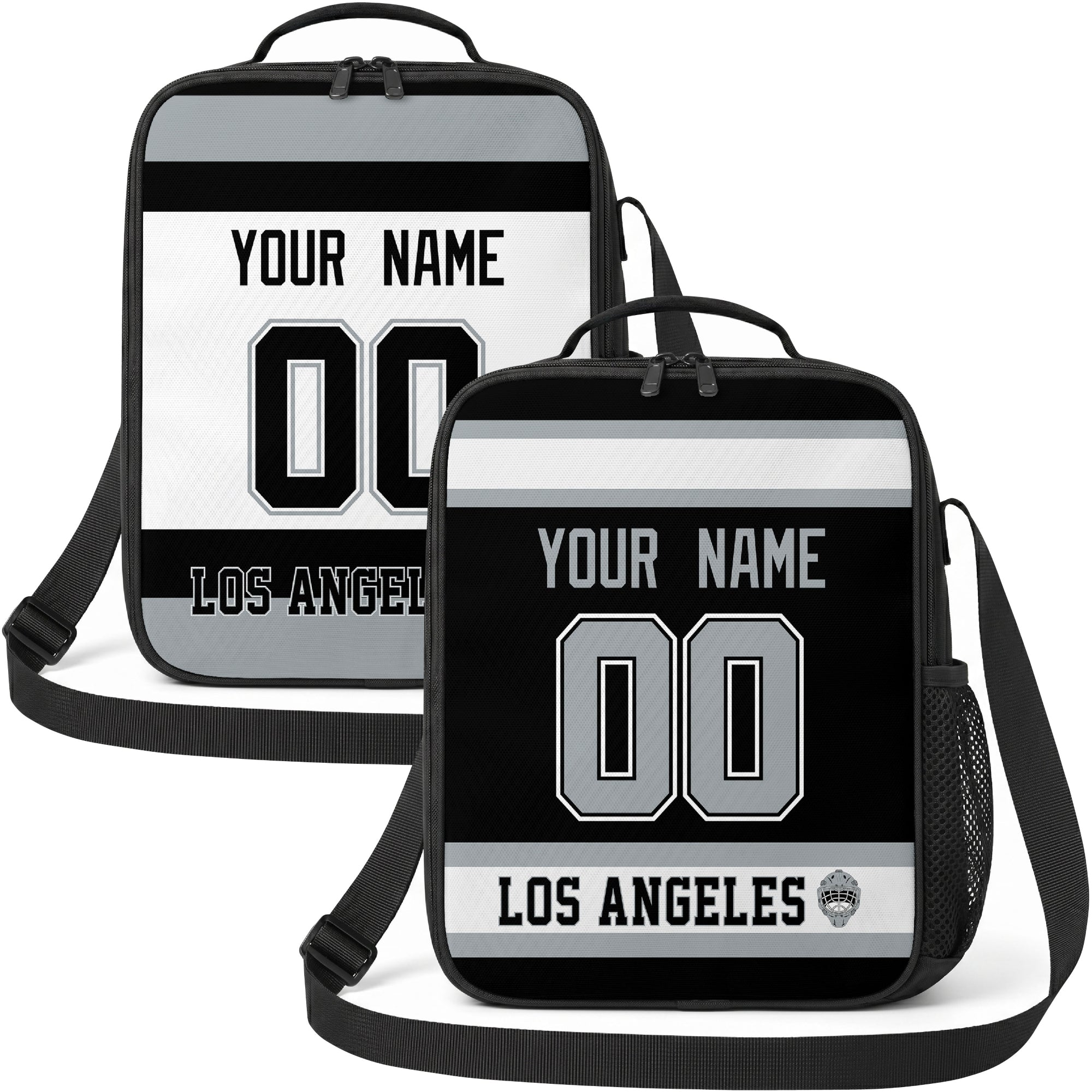 Personalized Los Angeles hockey shoulder bag showing both black and white city-color styles
