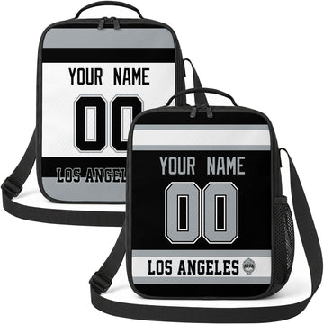 Personalized Los Angeles hockey shoulder bag showing both black and white city-color styles