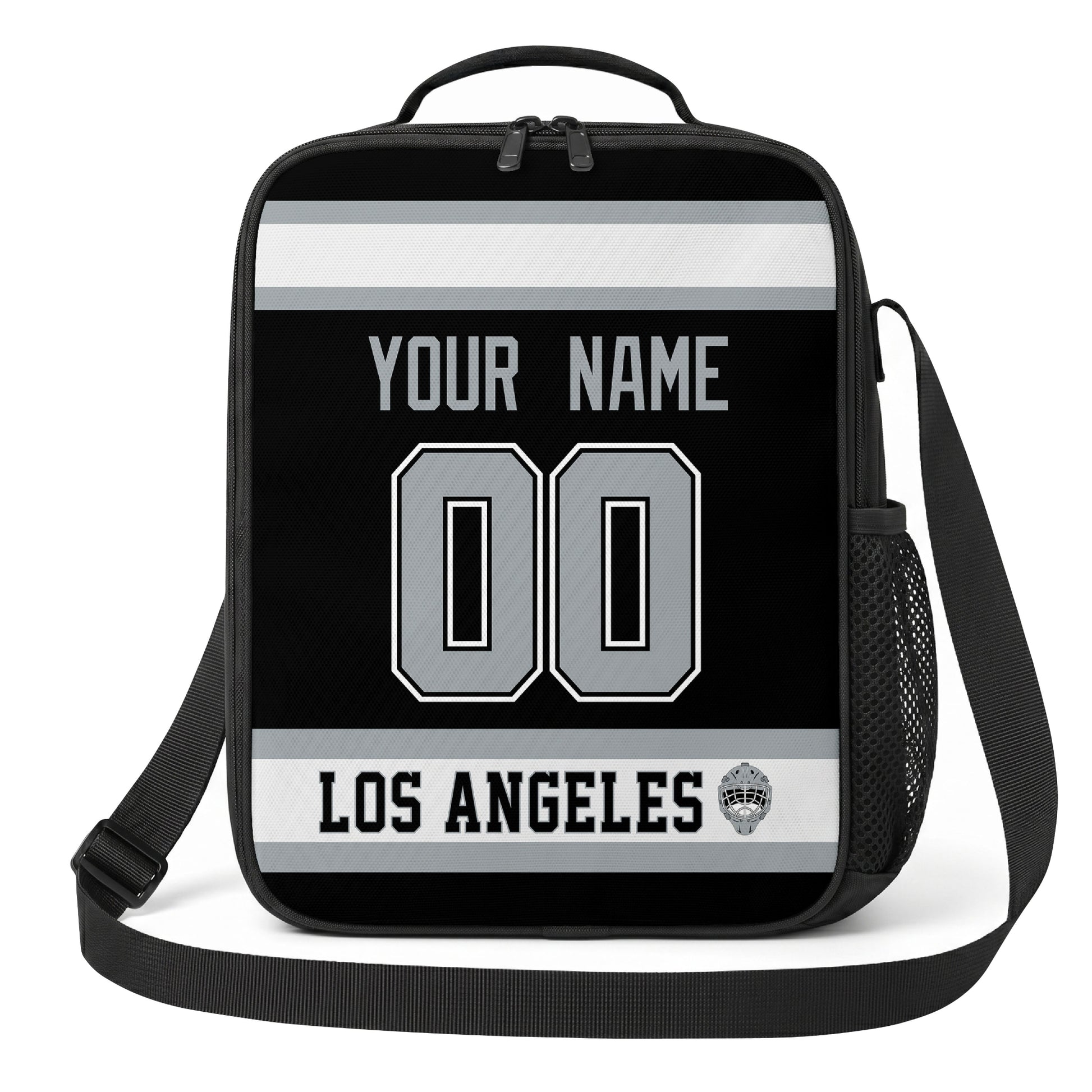Los Angeles hockey shoulder bag front view in Black city-color style with custom name and number