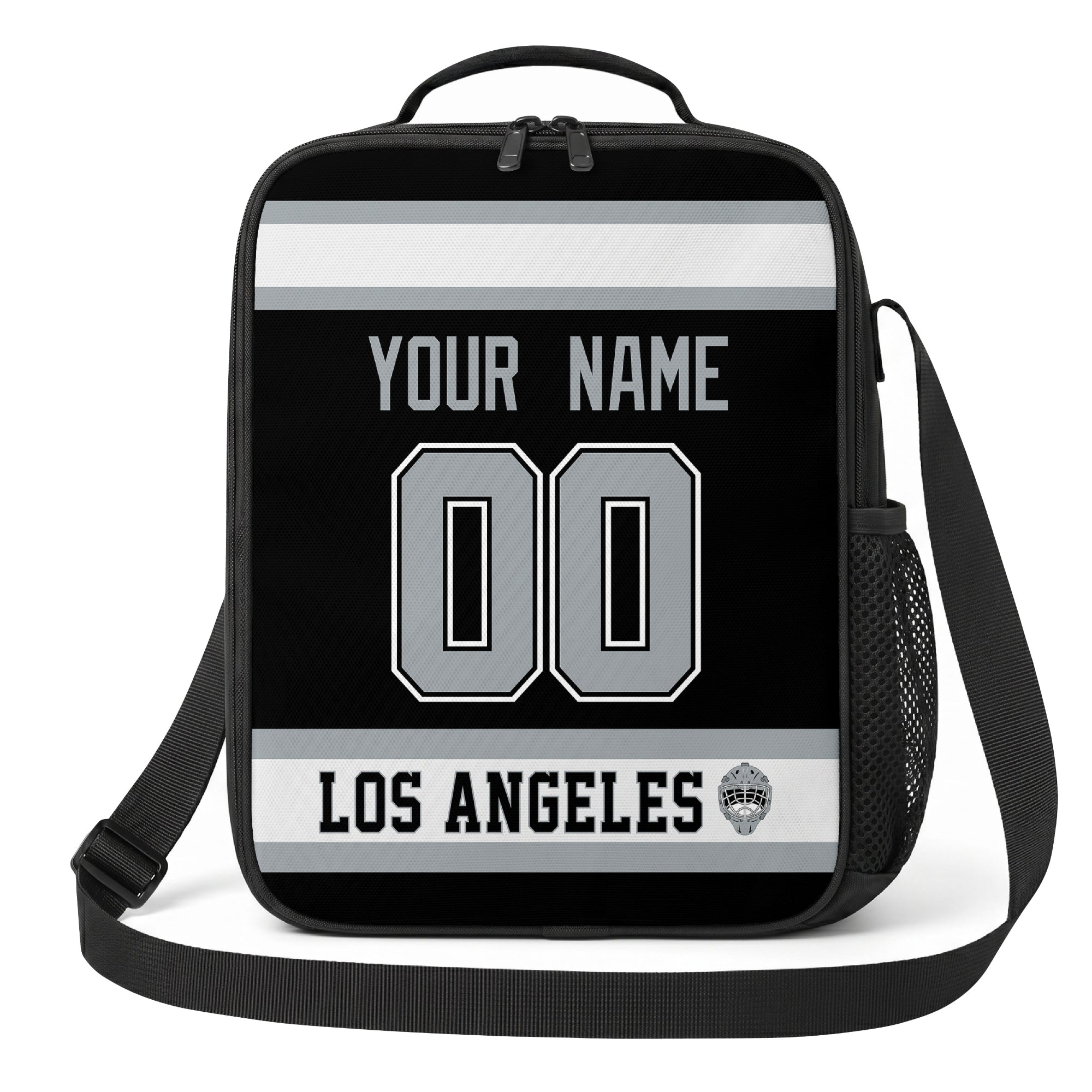 Los Angeles hockey shoulder bag front view in Black city-color style with custom name and number