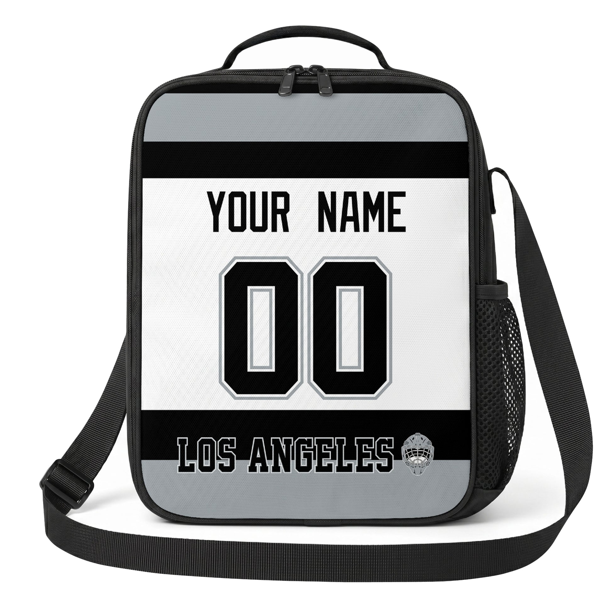 Los Angeles hockey shoulder bag front view in White city-color style with custom name and number