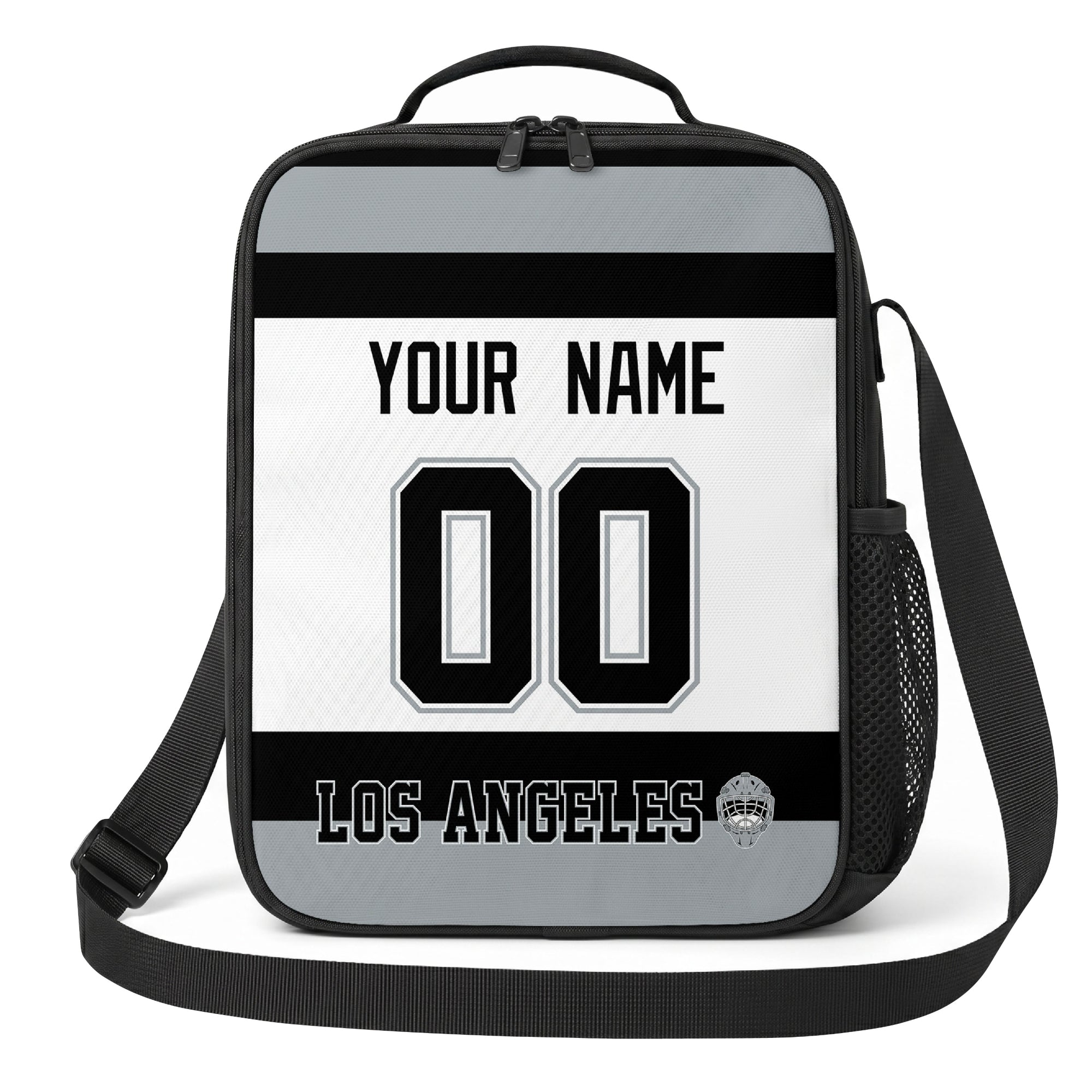 Los Angeles hockey shoulder bag front view in White city-color style with custom name and number