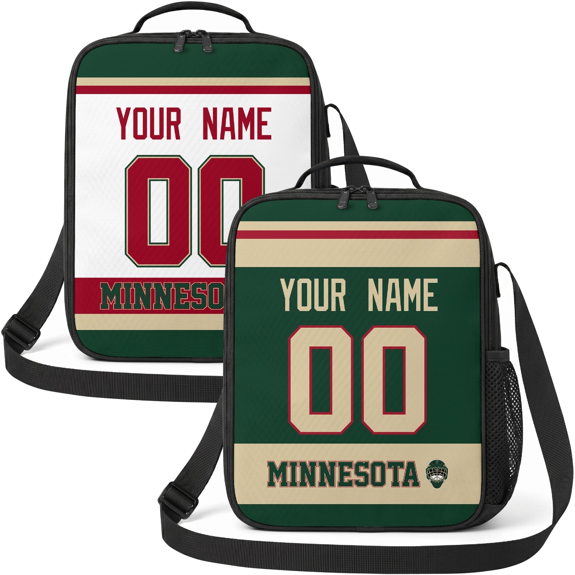 Personalized Minnesota hockey shoulder bag showing both green and white city-color styles
