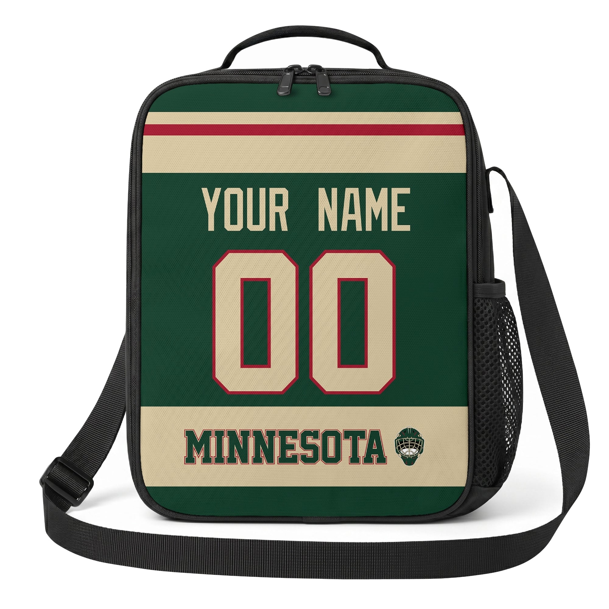 Minnesota hockey shoulder bag front view in Green city-color style with custom name and number