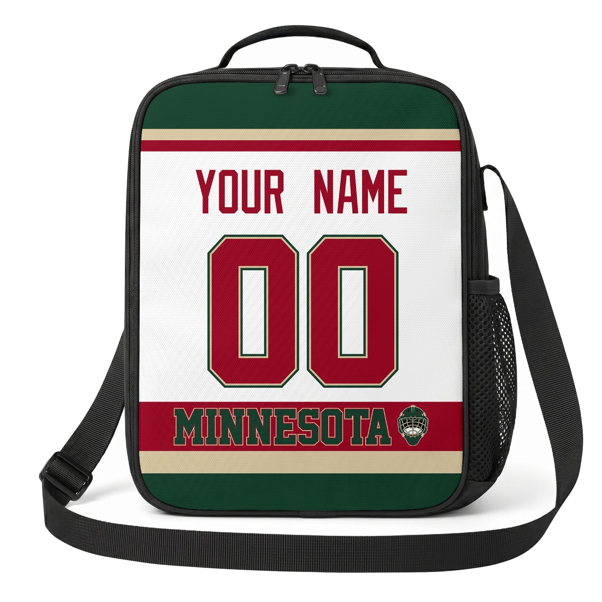Minnesota hockey shoulder bag front view in White city-color style with custom name and number