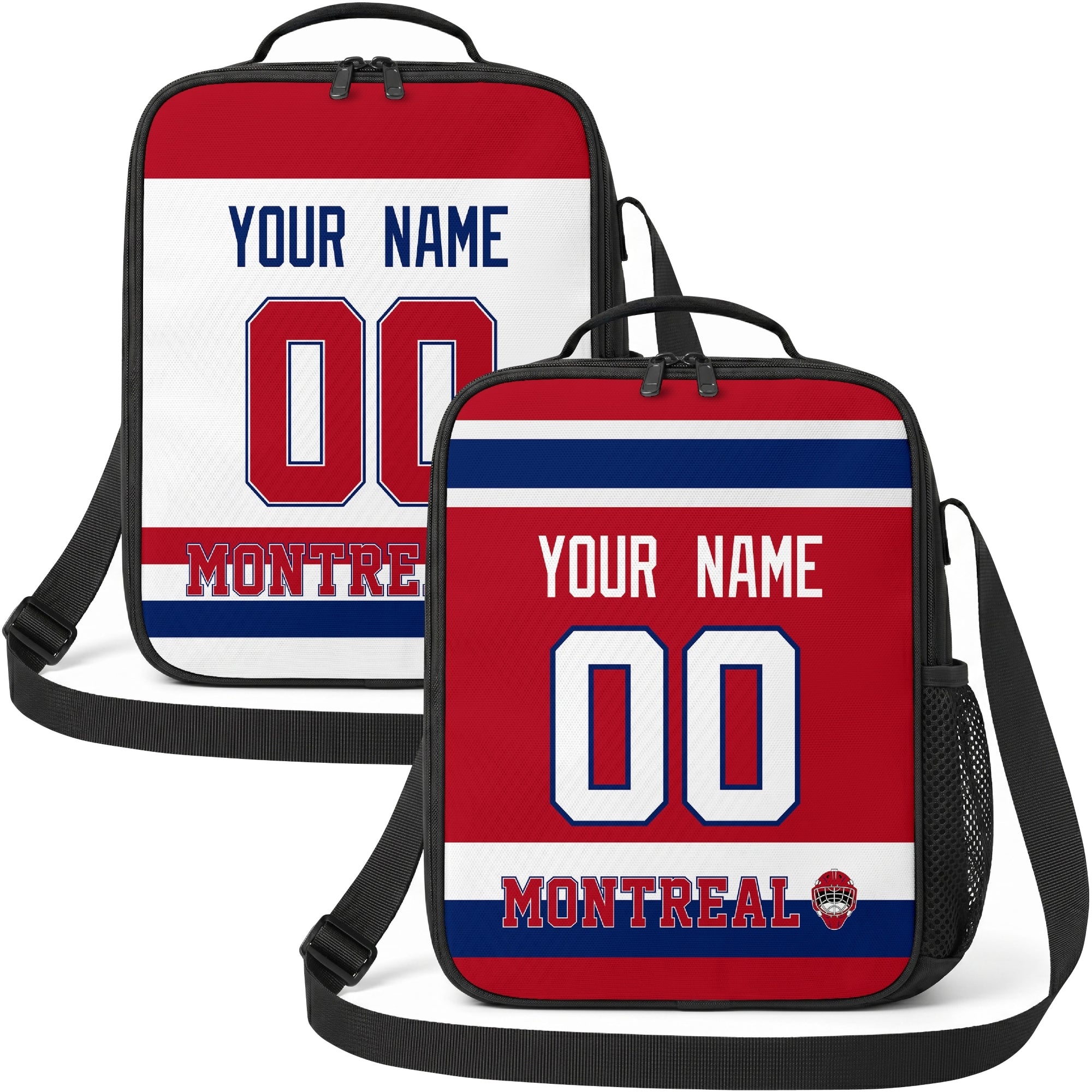 Personalized Montreal hockey shoulder bag showing both red and white city-color styles
