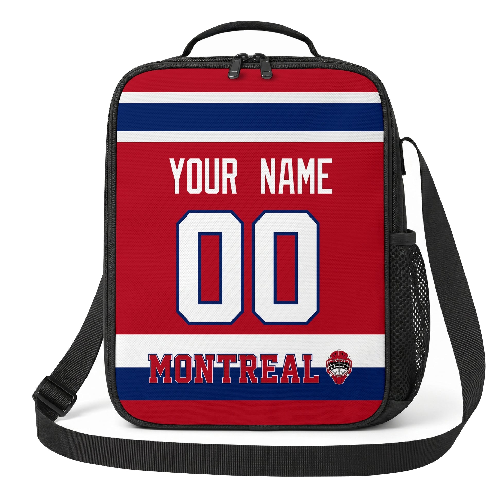 Montreal hockey shoulder bag front view in Red city-color style with custom name and number