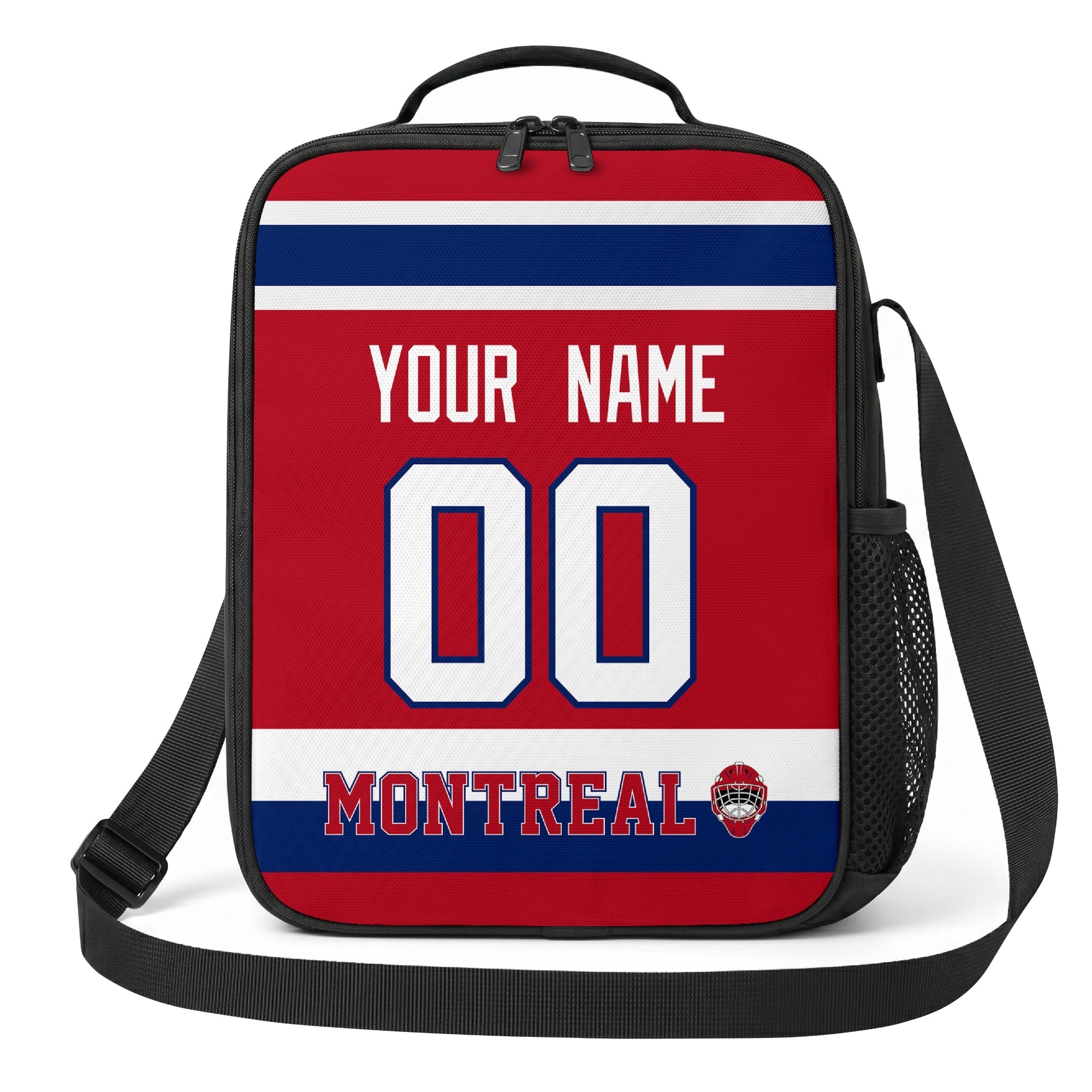 Montreal hockey shoulder bag front view in Red city-color style with custom name and number