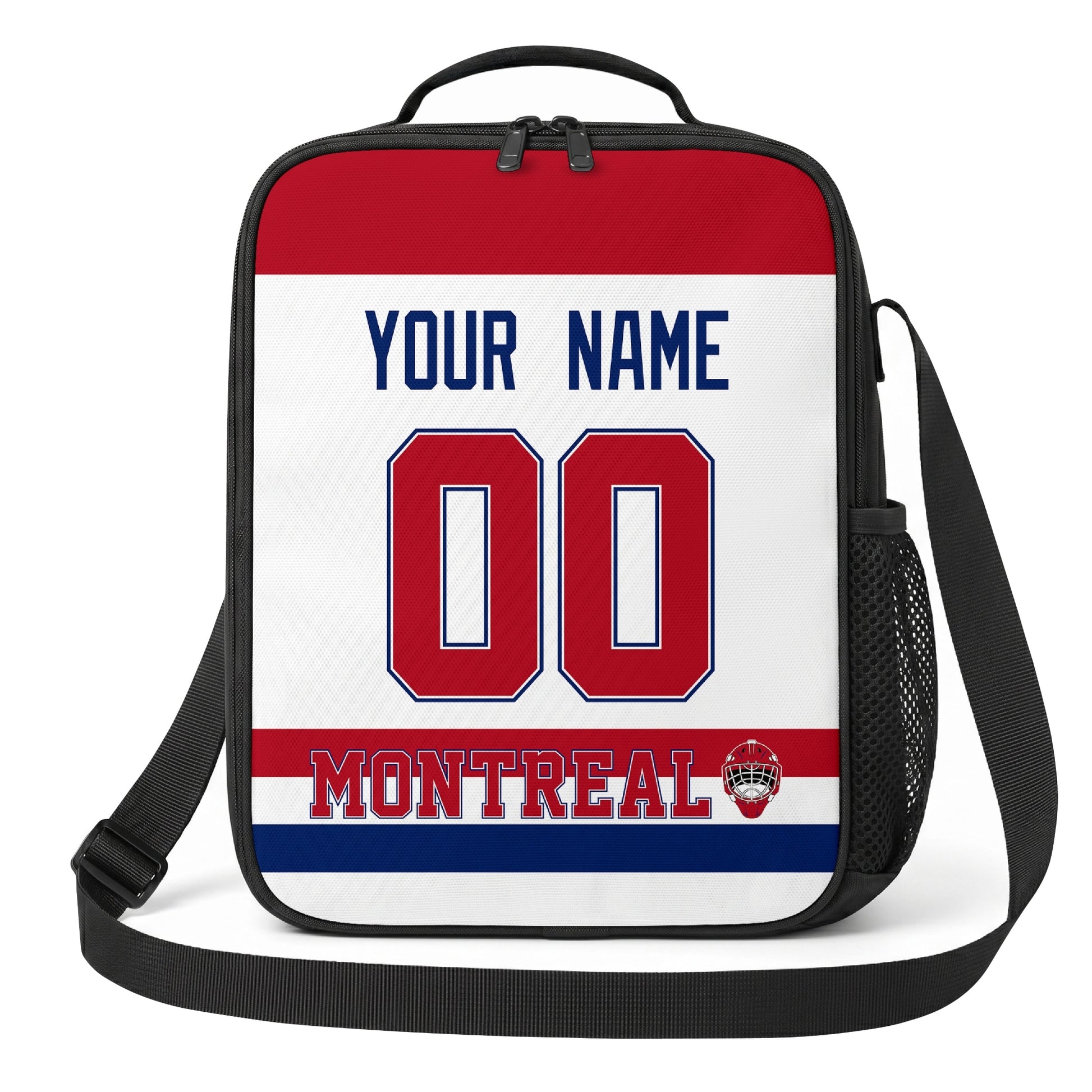 Montreal hockey shoulder bag front view in White city-color style with custom name and number