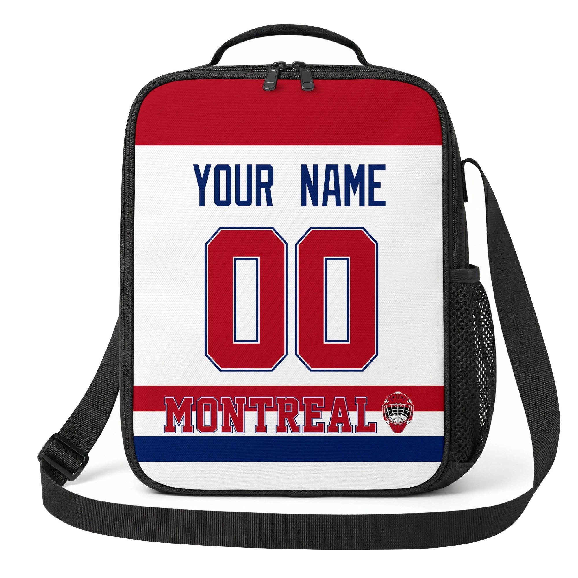 Montreal hockey shoulder bag front view in White city-color style with custom name and number