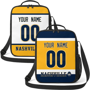Personalized Nashville hockey shoulder bag showing both gold and white city-color styles