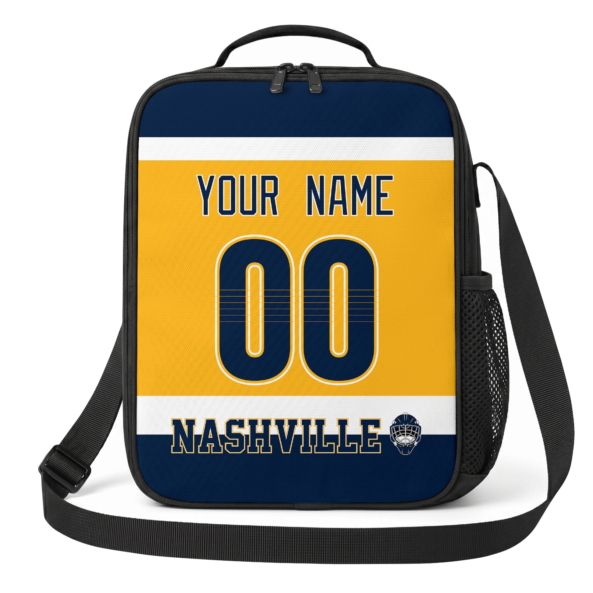 Nashville hockey shoulder bag front view in Gold city-color style with custom name and number