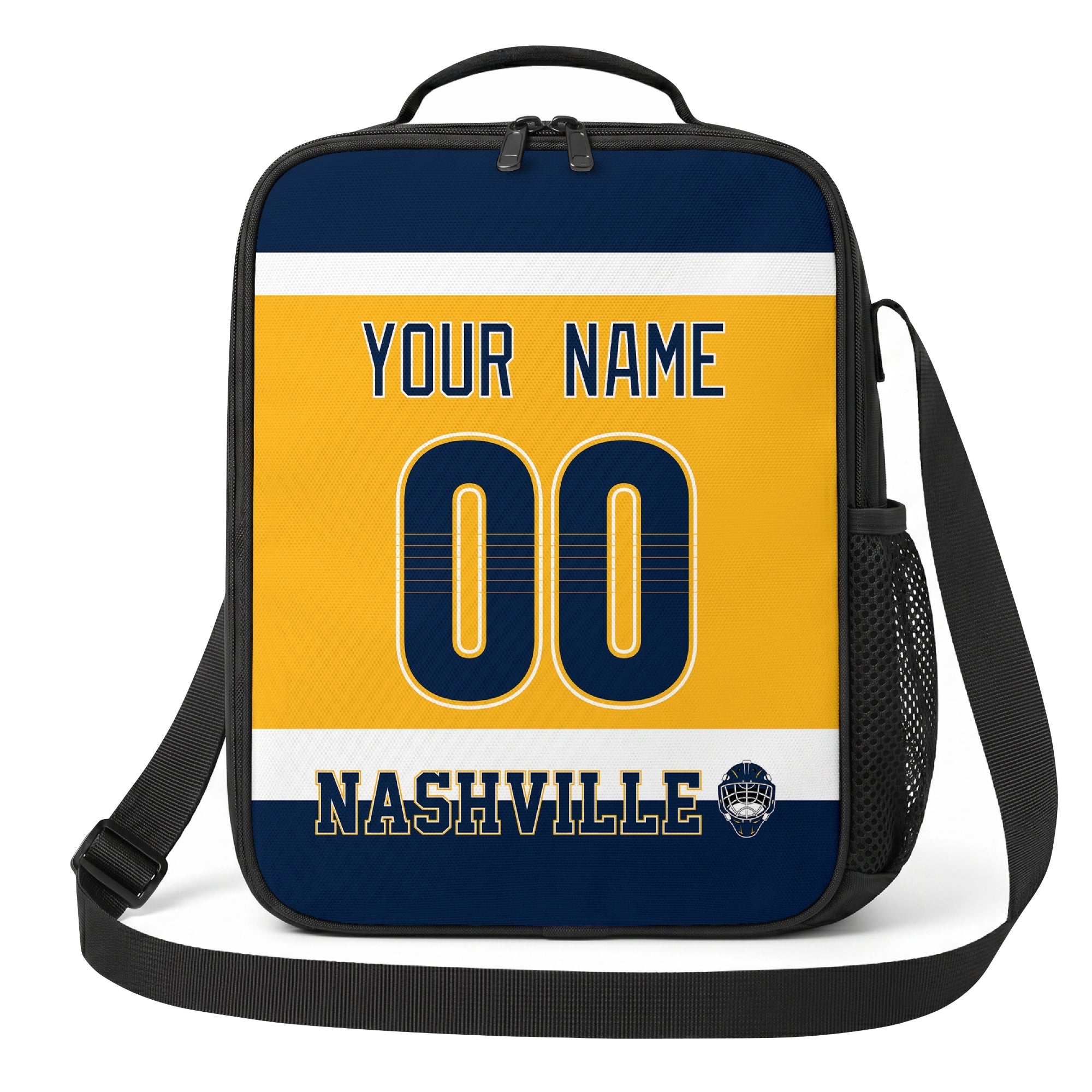 Nashville hockey shoulder bag front view in Gold city-color style with custom name and number