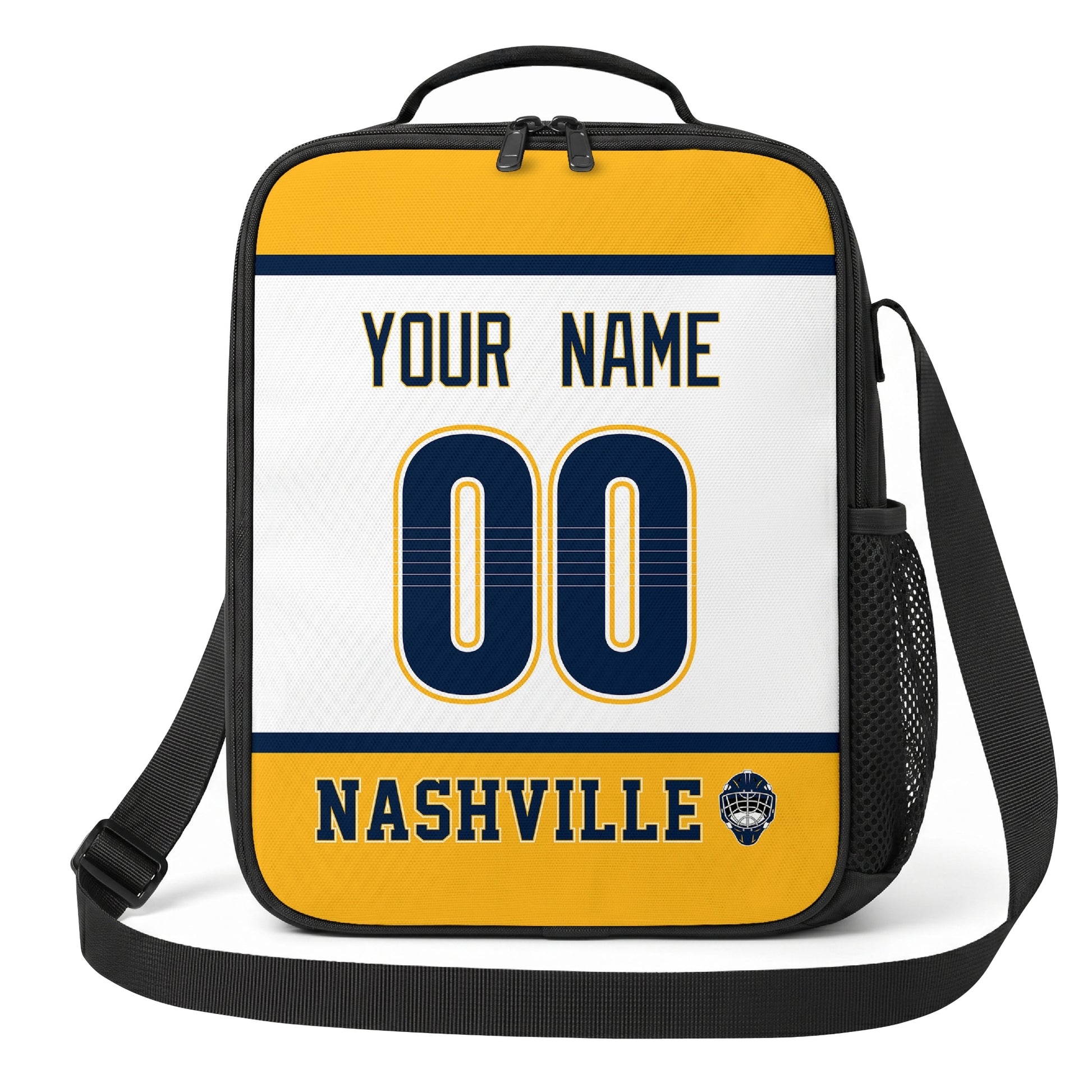 Nashville hockey shoulder bag front view in White city-color style with custom name and number