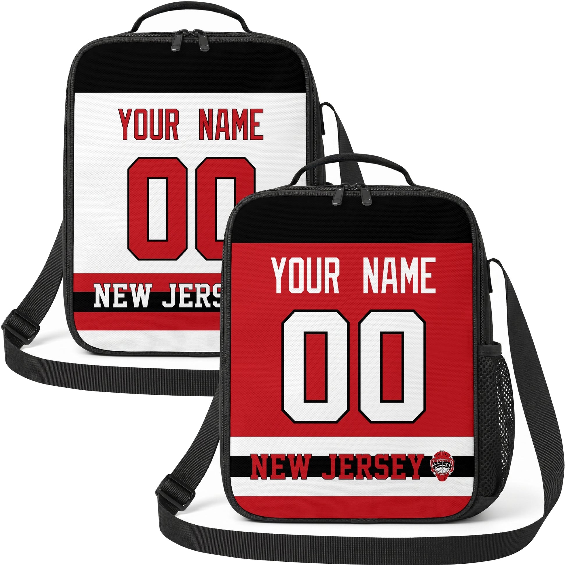 Personalized New Jersey hockey shoulder bag showing both red and white city-color styles