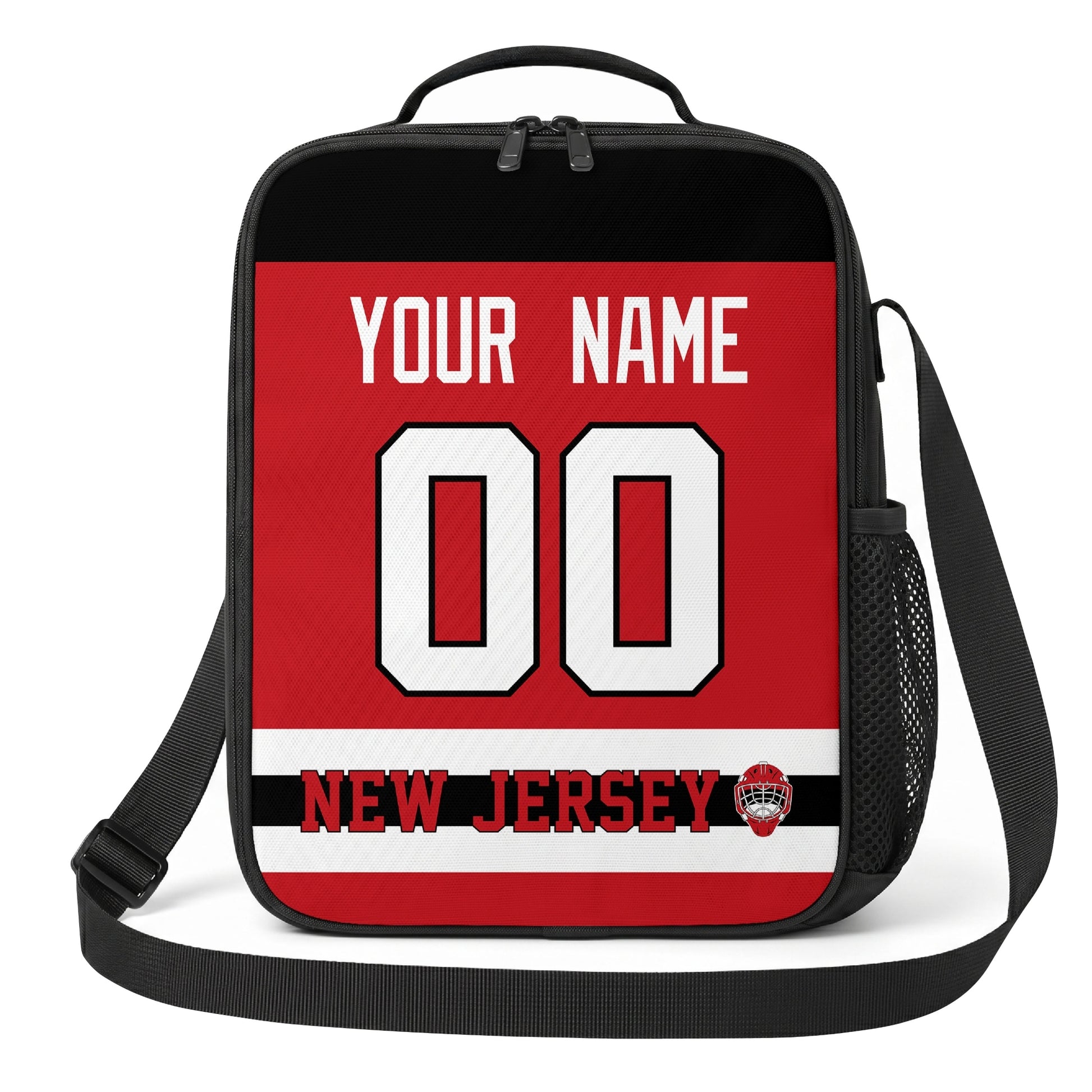 New Jersey hockey shoulder bag front view in Red city-color style with custom name and number