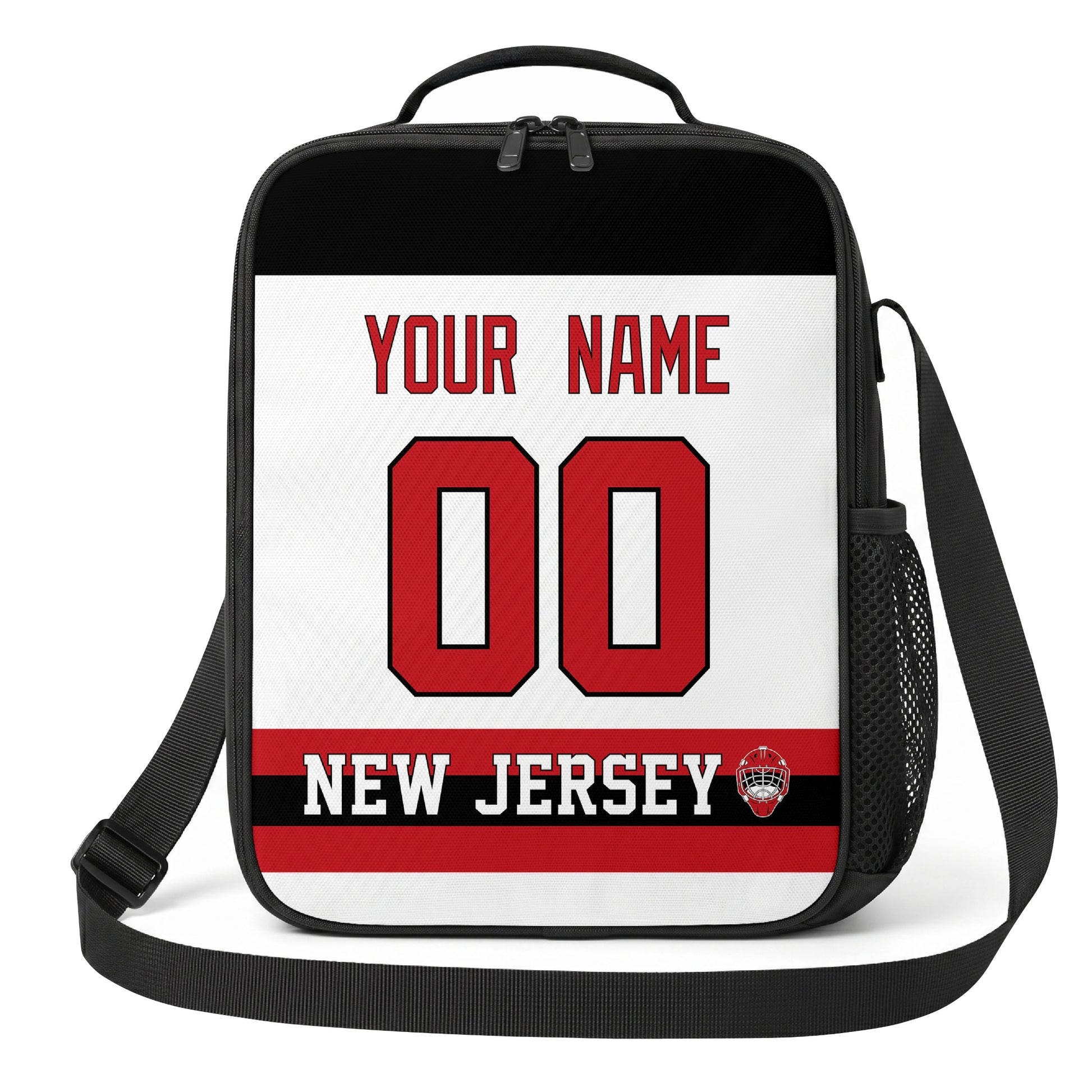 New Jersey hockey shoulder bag front view in White city-color style with custom name and number