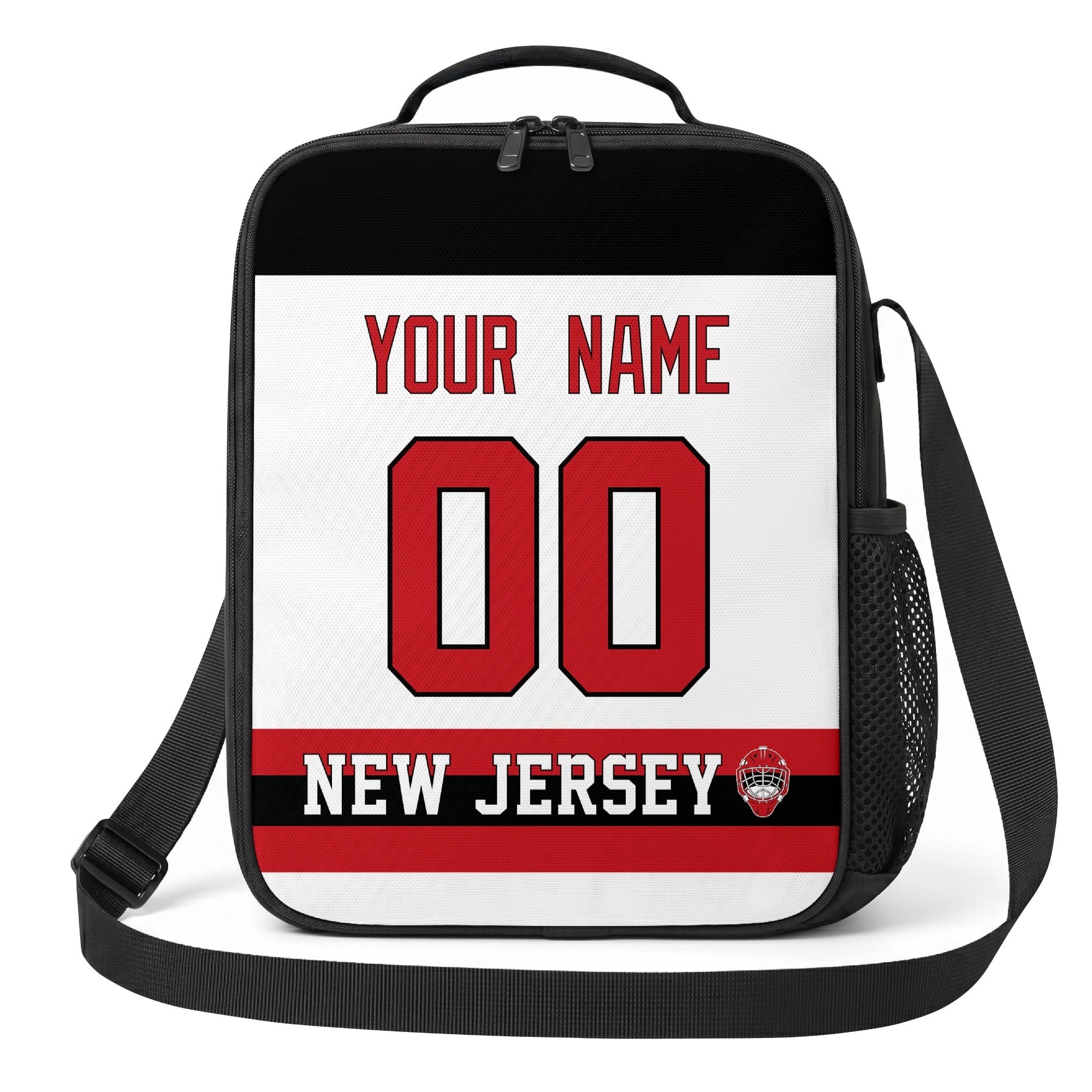 New Jersey hockey shoulder bag front view in White city-color style with custom name and number