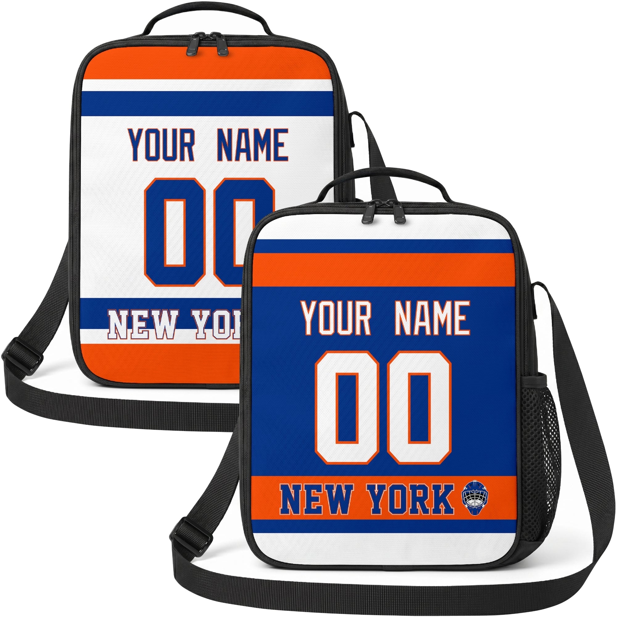 Personalized New York hockey shoulder bag showing both royal and white city-color styles